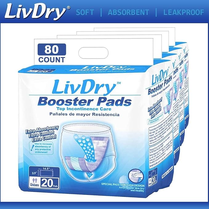 LivDry Incontinence Booster Pads, Use with Adult Diapers for Women and Men, Extra Comfort Softness, Disposable Pad (80 Count, Regular Length)