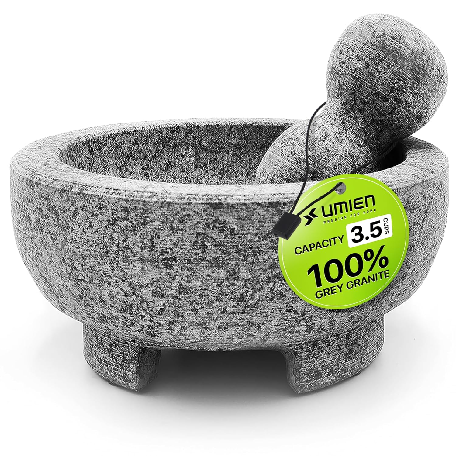 Umien™ Granite Mortar and Pestle Set - 100% Granite - 3.5-Cups - 8-Inch – Avocado Tool Included – Natural Stone Molcajete for Spices, Pestos, & Guacamole (Grey) - Stone Grinder - Guacamole