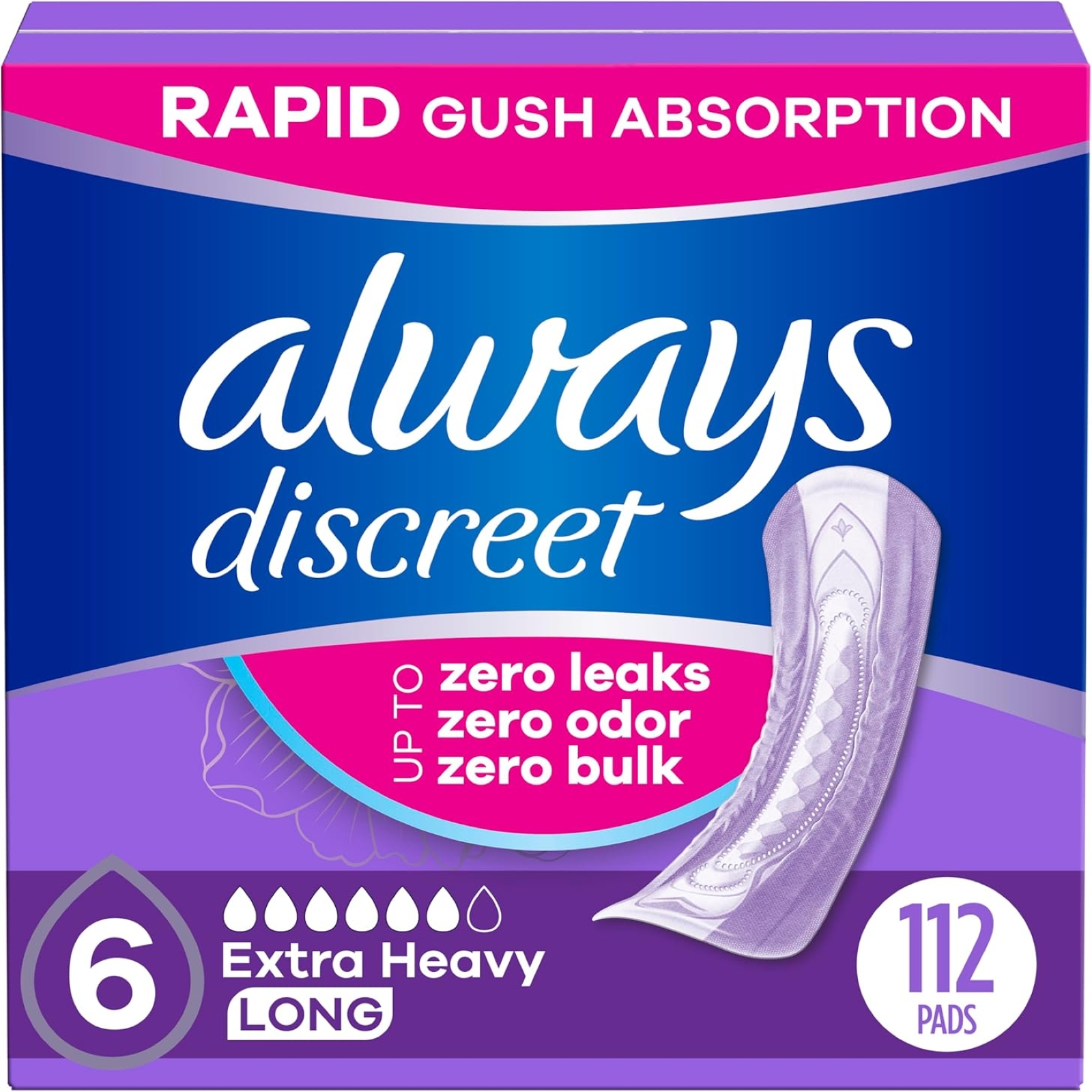 Always Discreet Adult Incontinence Pads for Women, Extra Heavy Absorbency, Long Length, Postpartum Pads, 112 CT