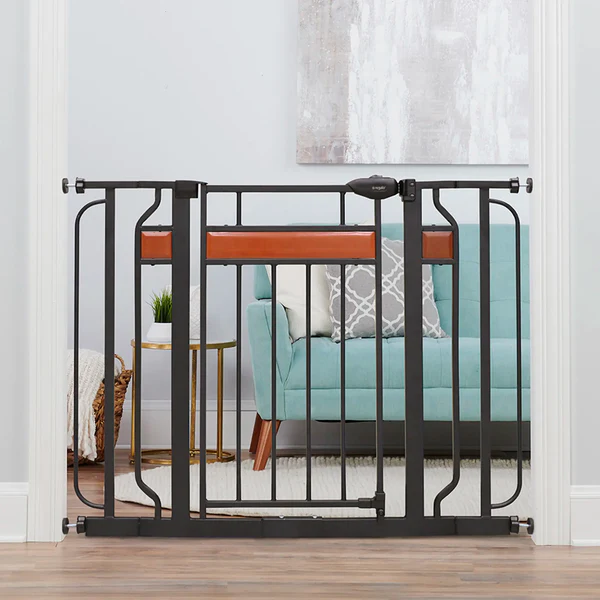 Regalo Extra Tall Designer Baby Gate - Up to 42" Wide - Black with Cherry Wood