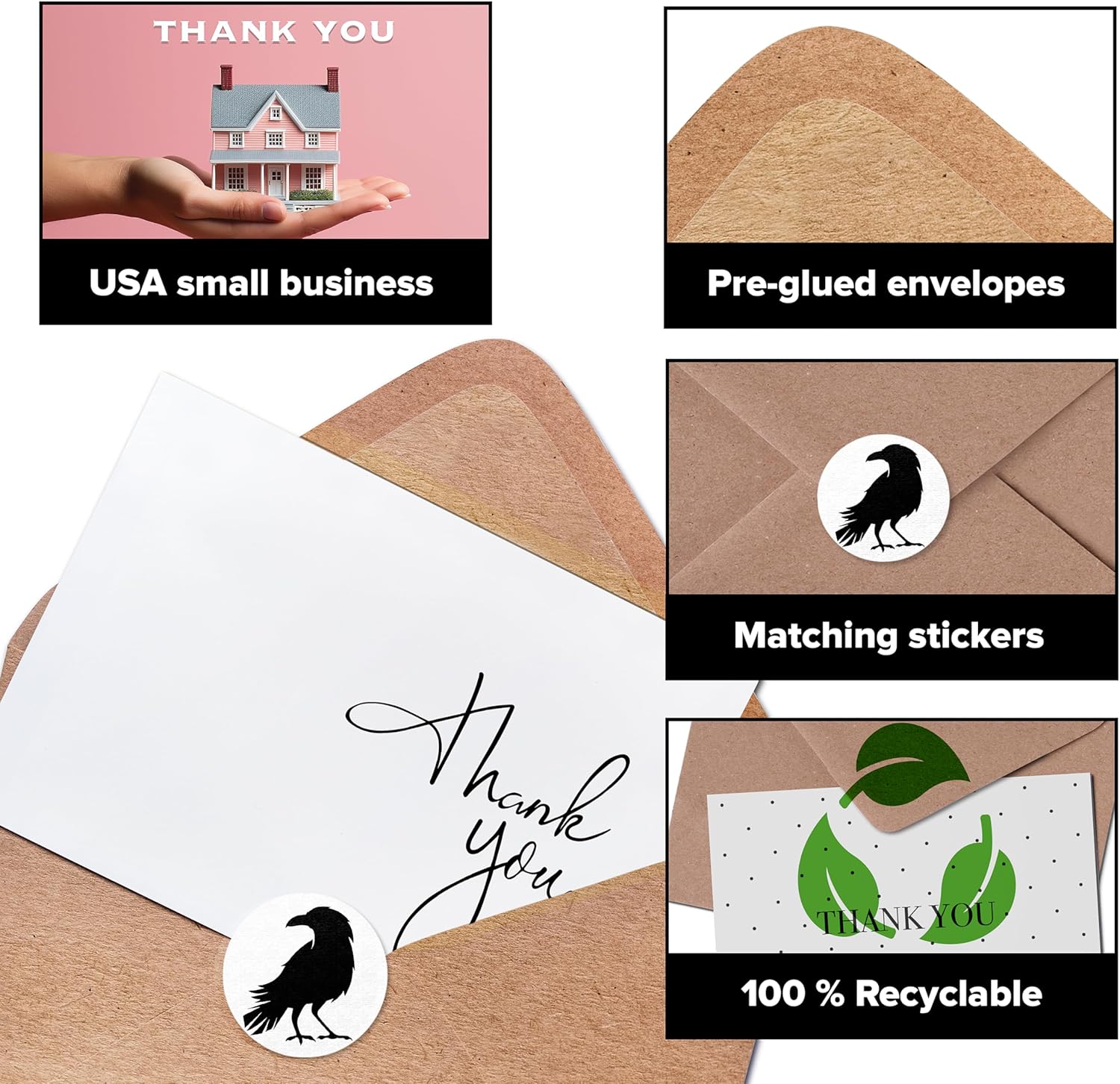 Thank you cards with kraft envelopes and stickers, pack of 100 psc, 4x6 inch, 4 designs, suitable for business, wedding, bridal & baby shower, funeral