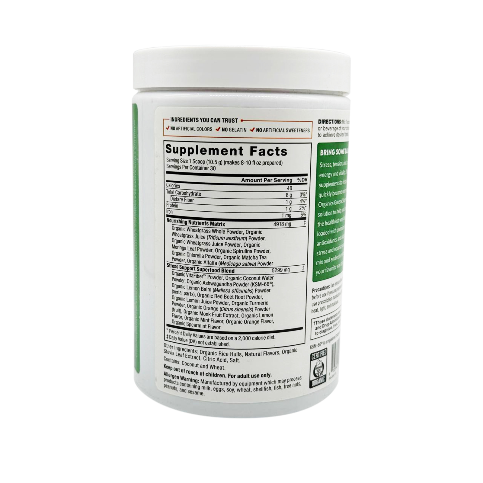 Force Factor Organics Greens Superfood Powder - 11.10 oz - 30 Servings 