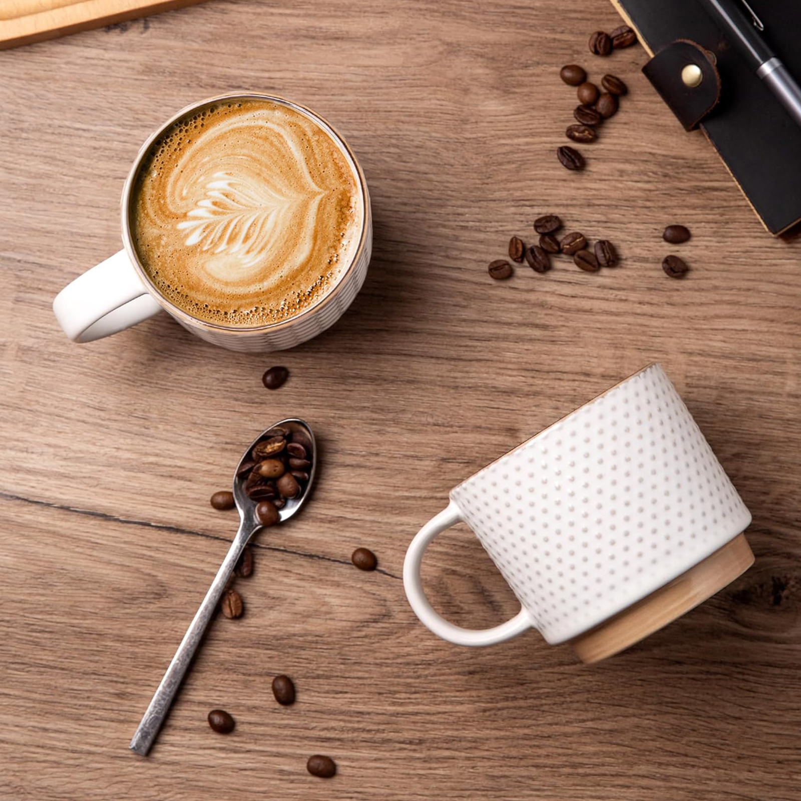 GBHOME 12oz Stackable Ceramic Coffee Mugs with Texture Patterns, Set of 4, Off White