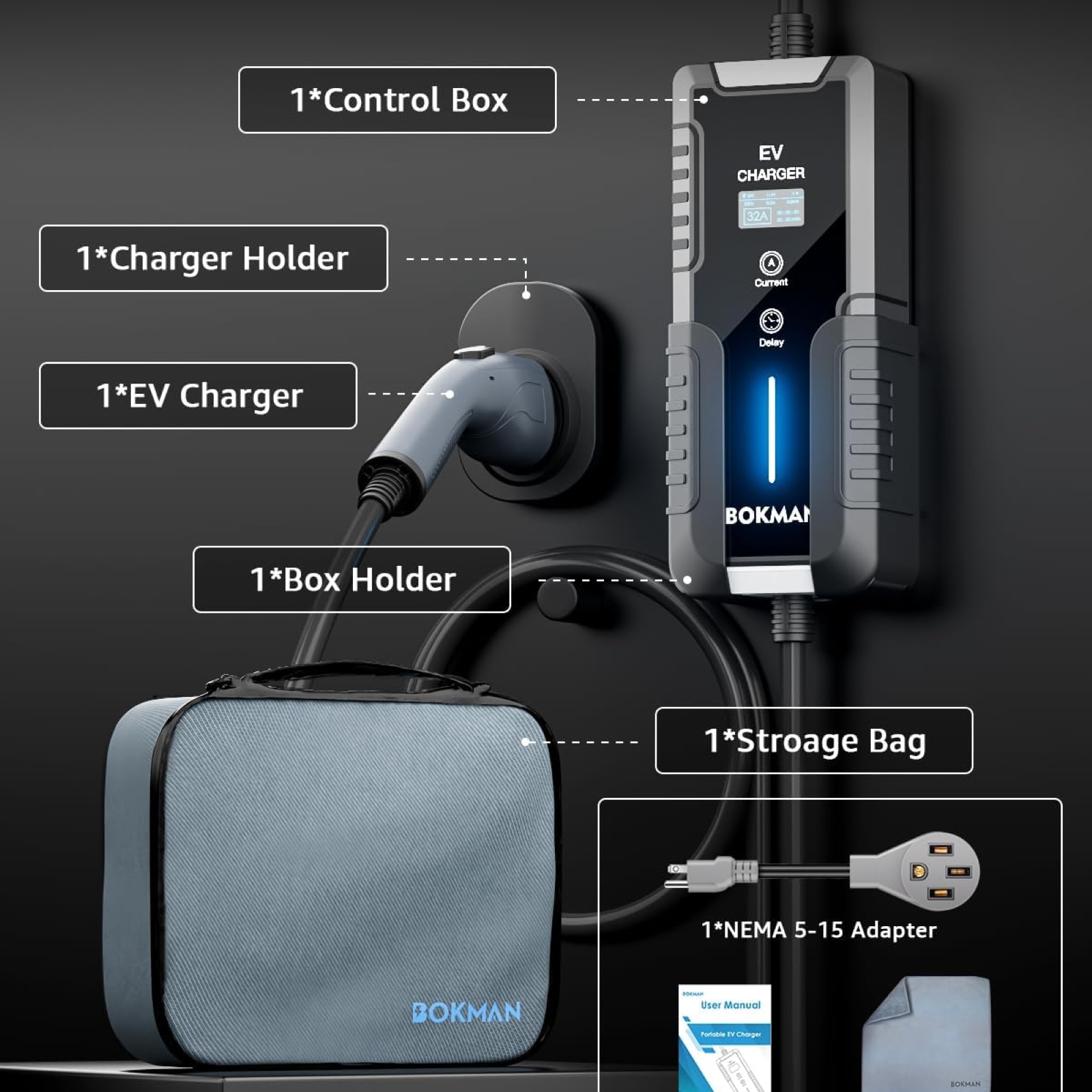 bokman Portable Level 2 EV Charger (240V,40A) Current Adjustable with 25ft Charging Cable and NEMA 14-50+5-15 for SAE-J1772 Electric Vehicles, Reservation Charging Function, BKL24025