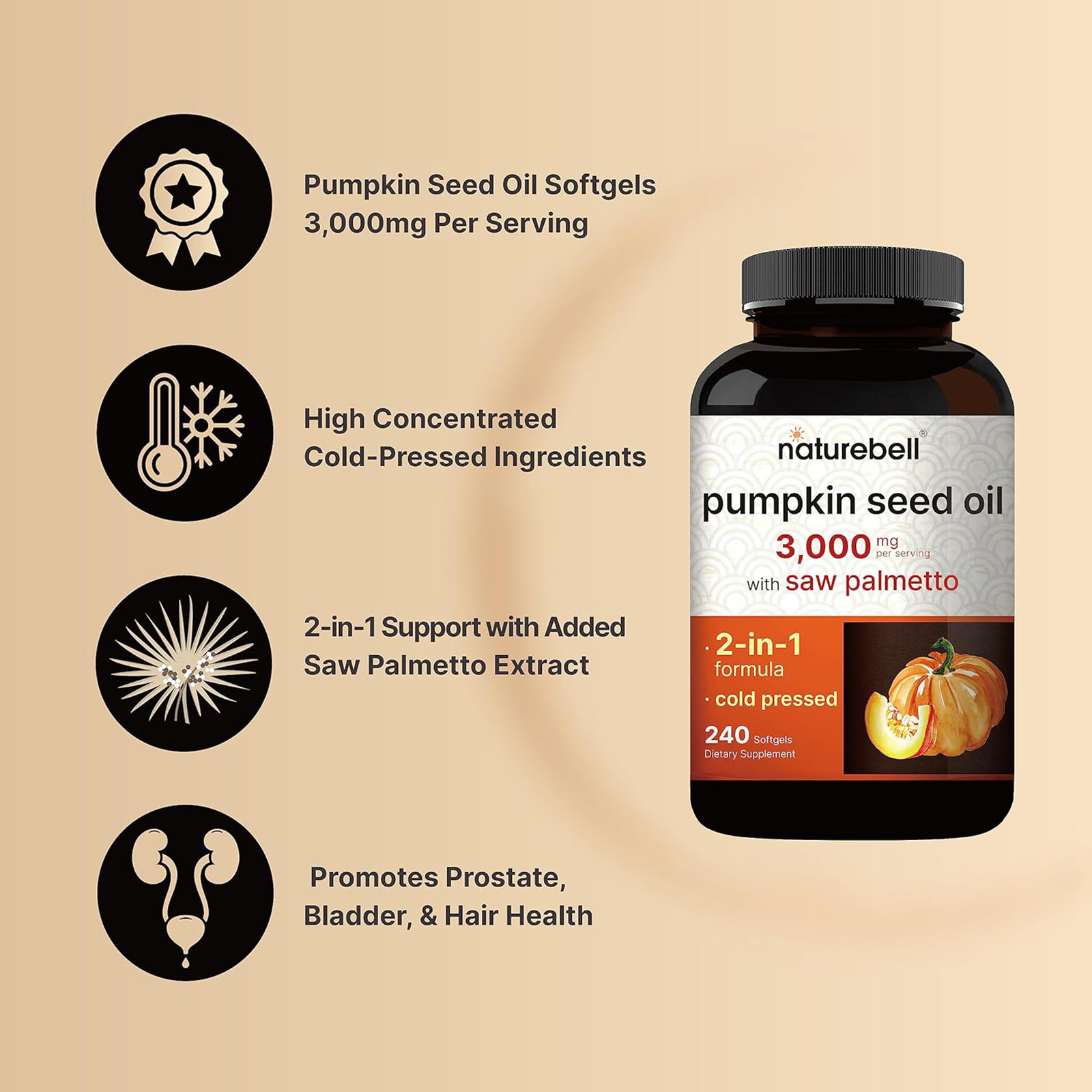 NatureBell Virgin Pumpkin Seed Oil 3,000mg Per Serving, 240 Softgels_Exp 09/2026