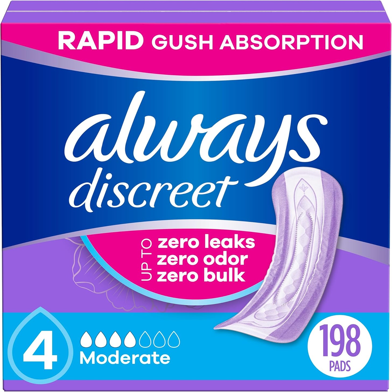 Always Discreet Adult Incontinence Pads for Women, Moderate Absorbency, Regular Length, Postpartum Pads, 198 CT