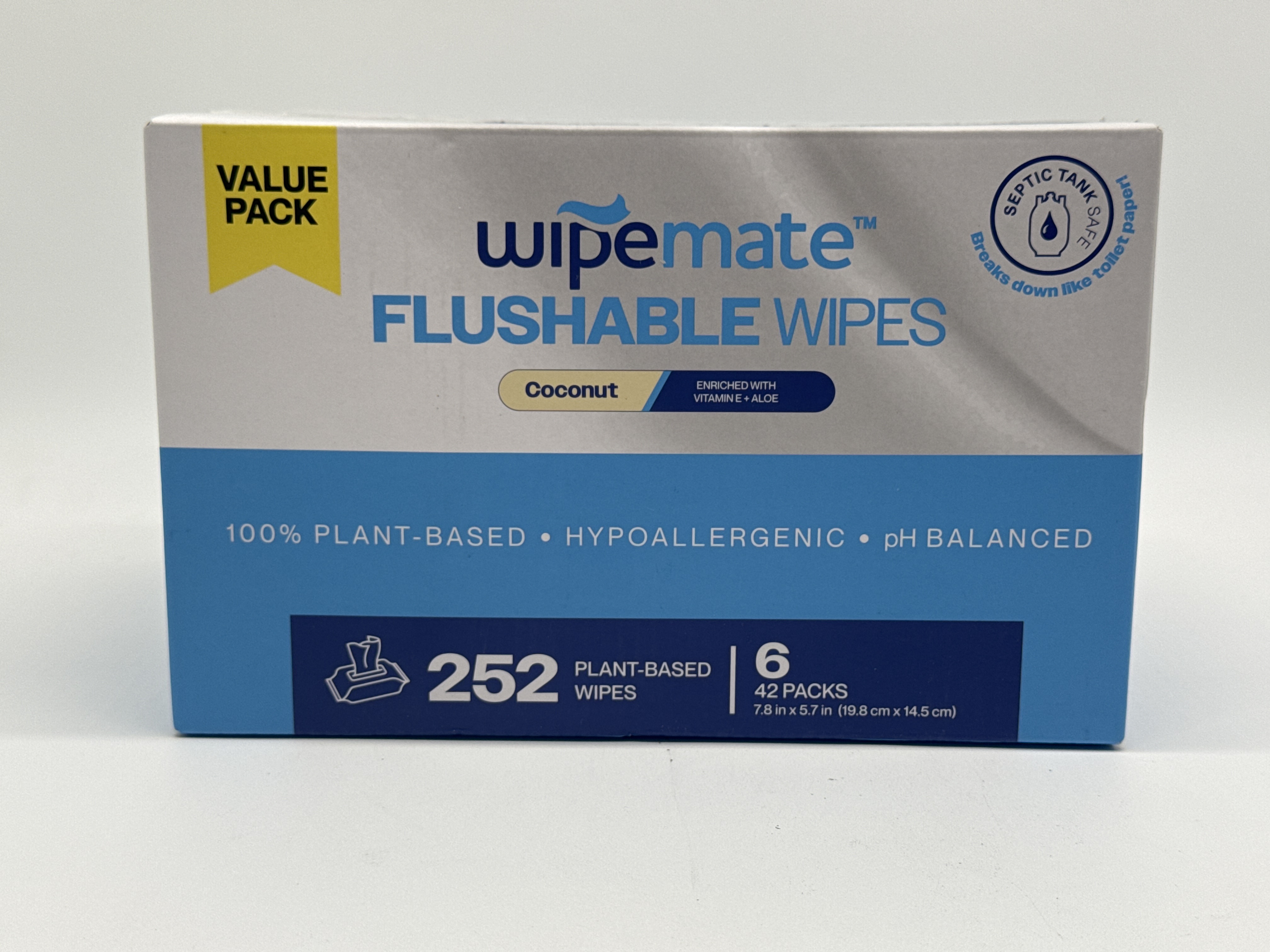 Wipemate Ultra Flushable Butt Wipes - Soothing Vitamin E & Aloe - Coconut Scent - 6 Premium Flip Top Packs - 42 Wipes Per Pack - 252 count
