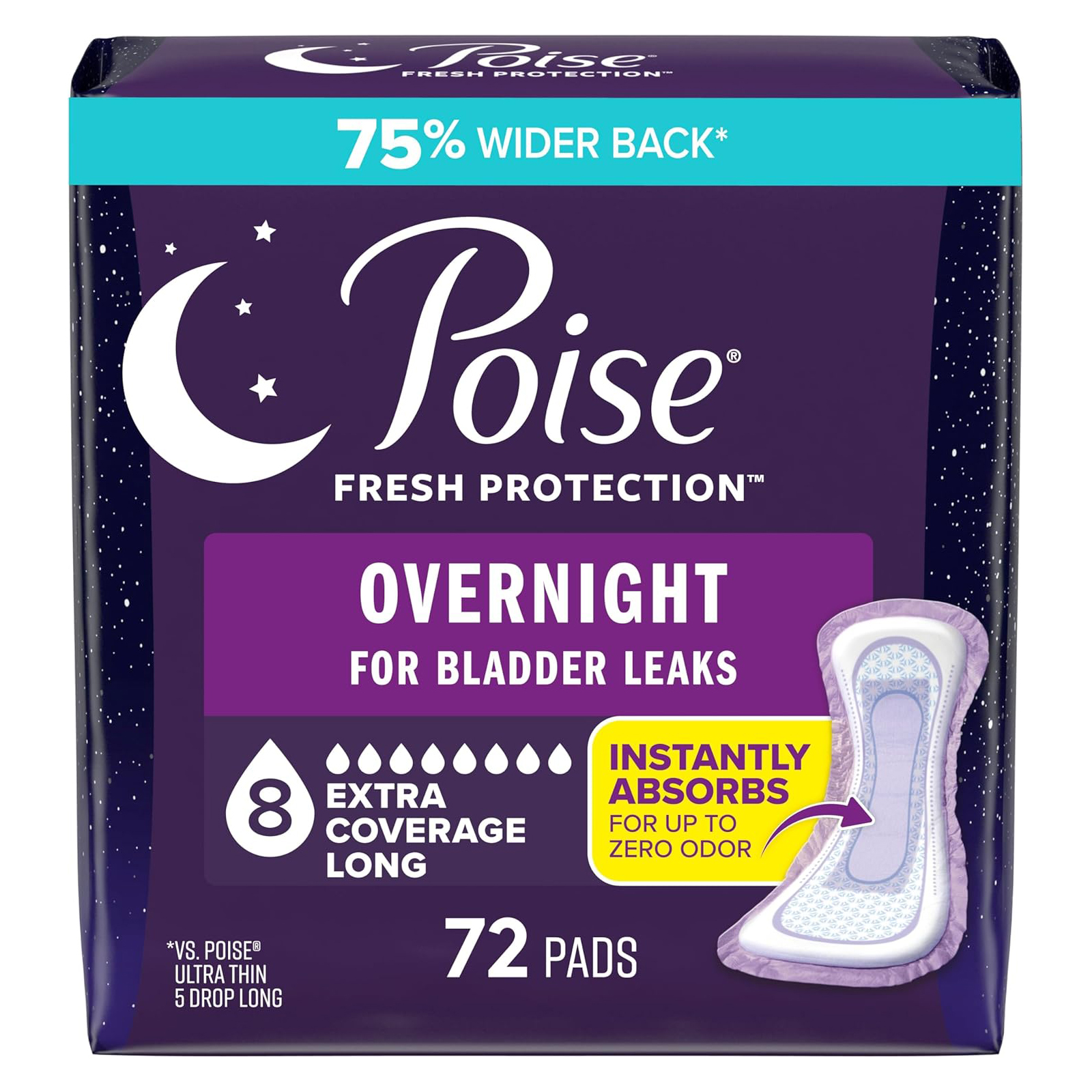 Poise Overnight Incontinence & Postpartum Pads for Bladder Leaks, 8 Drop Extra Coverage, 72 Count (2 Packs of 36), Packaging May Vary