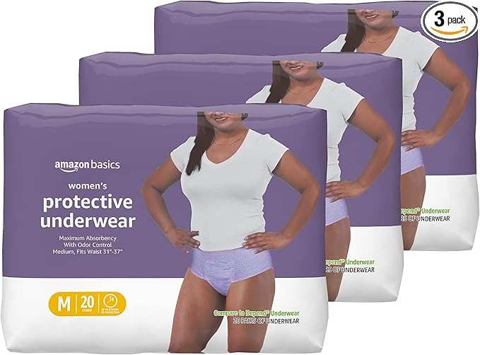 Amazon Basics Incontinence Underwear for Women, Protective, Disposable, Postpartum, Maximum Absorbency, Medium, Lavender, 60 Count (3 Packs of 20)