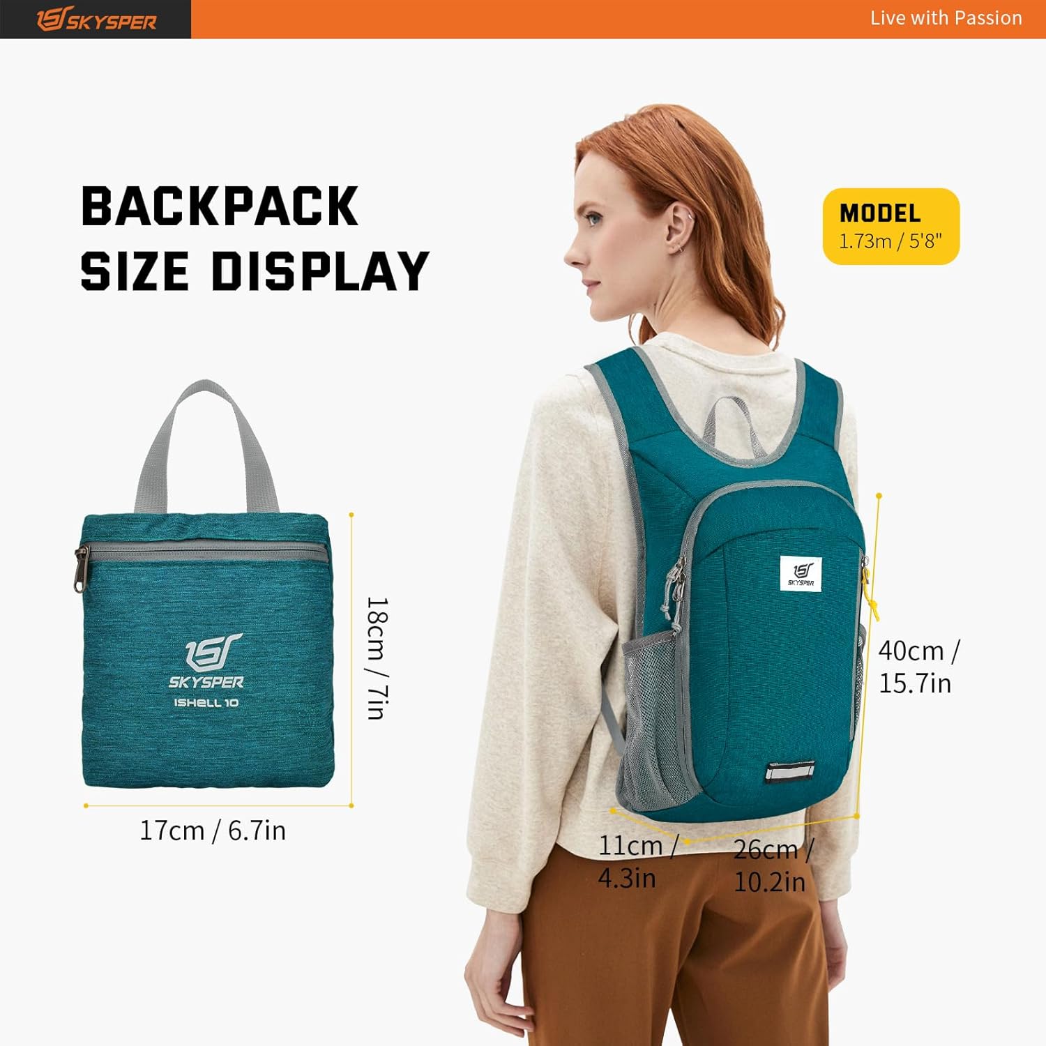 SKYSPER Small Daypack 10L Hiking Backpack Packable Lightweight Travel Day Pack for Women Men (Peacock Blue)