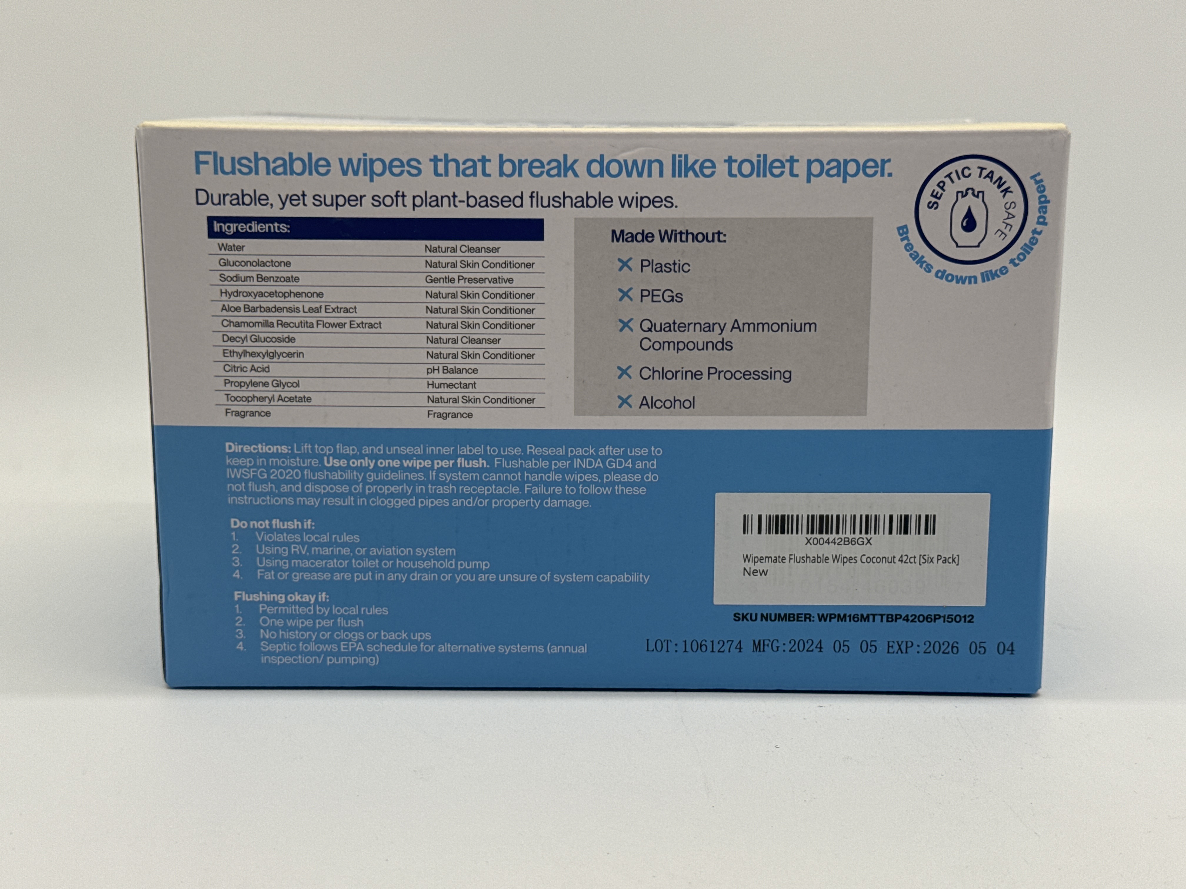 Wipemate Ultra Flushable Butt Wipes - Soothing Vitamin E & Aloe - Coconut Scent - 6 Premium Flip Top Packs - 42 Wipes Per Pack - 252 count