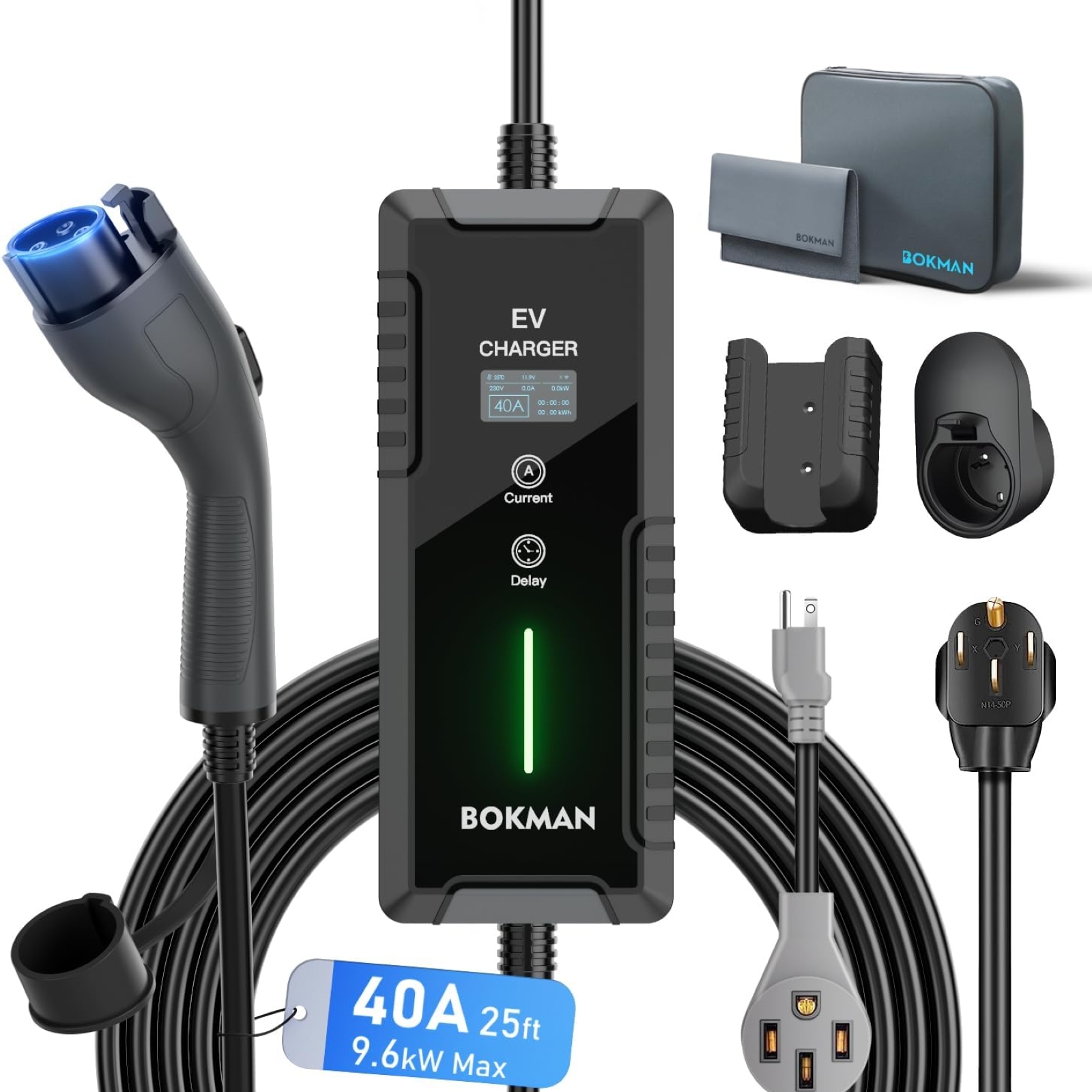 bokman Portable Level 2 EV Charger (240V,40A) Current Adjustable with 25ft Charging Cable and NEMA 14-50+5-15 for SAE-J1772 Electric Vehicles, Reservation Charging Function, BKL24025
