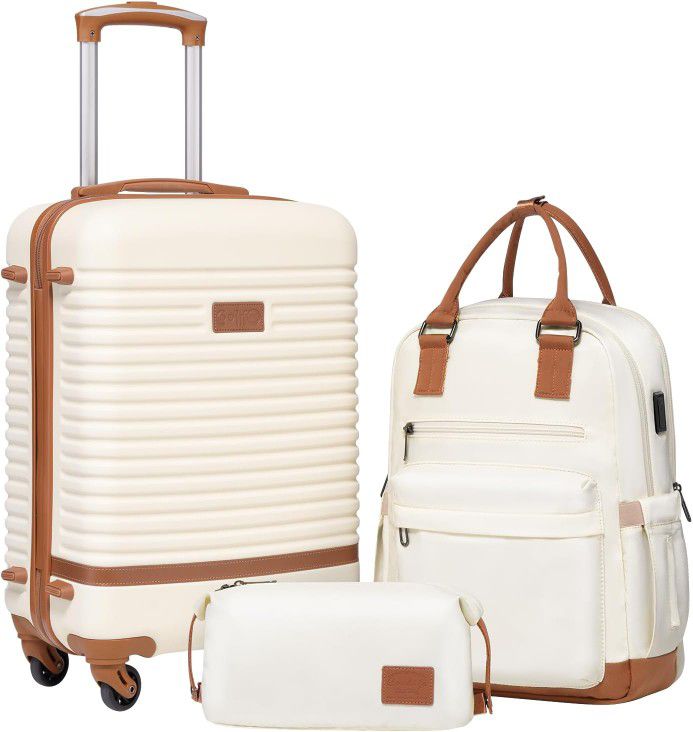 Coolife Suitcase 3 Piece Luggage Set - 20 inch Rolling Carry On, Backpack and Toiletry Bag - White