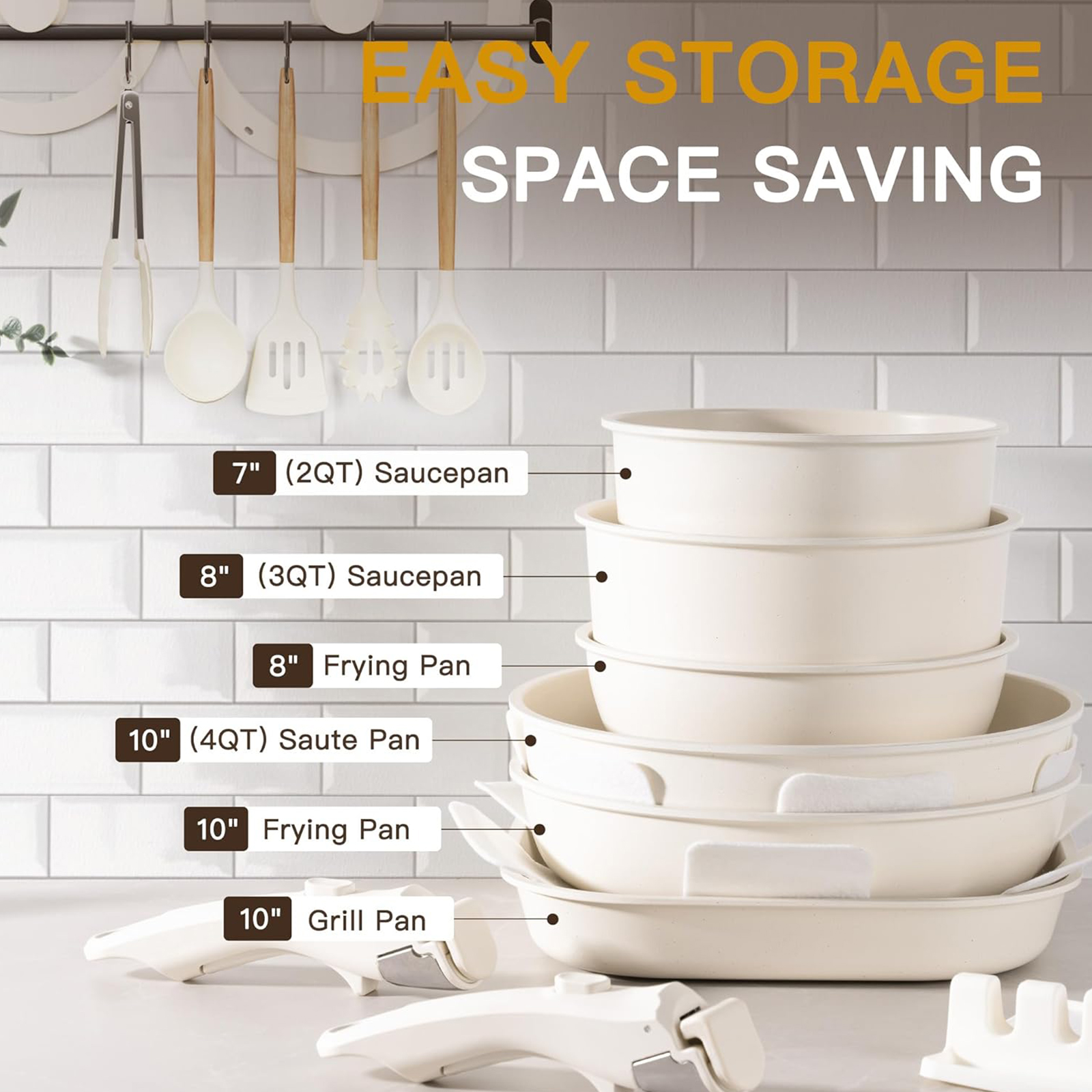 Astercook 23 Pcs Pots and Pans Set Non Stick, Ceramic Cookware Set Detachable Handle, RV Kitchen Cooking Set Removable Handles, Oven Safe, Induction Ready, Stackable Non-stick Set, Cream White