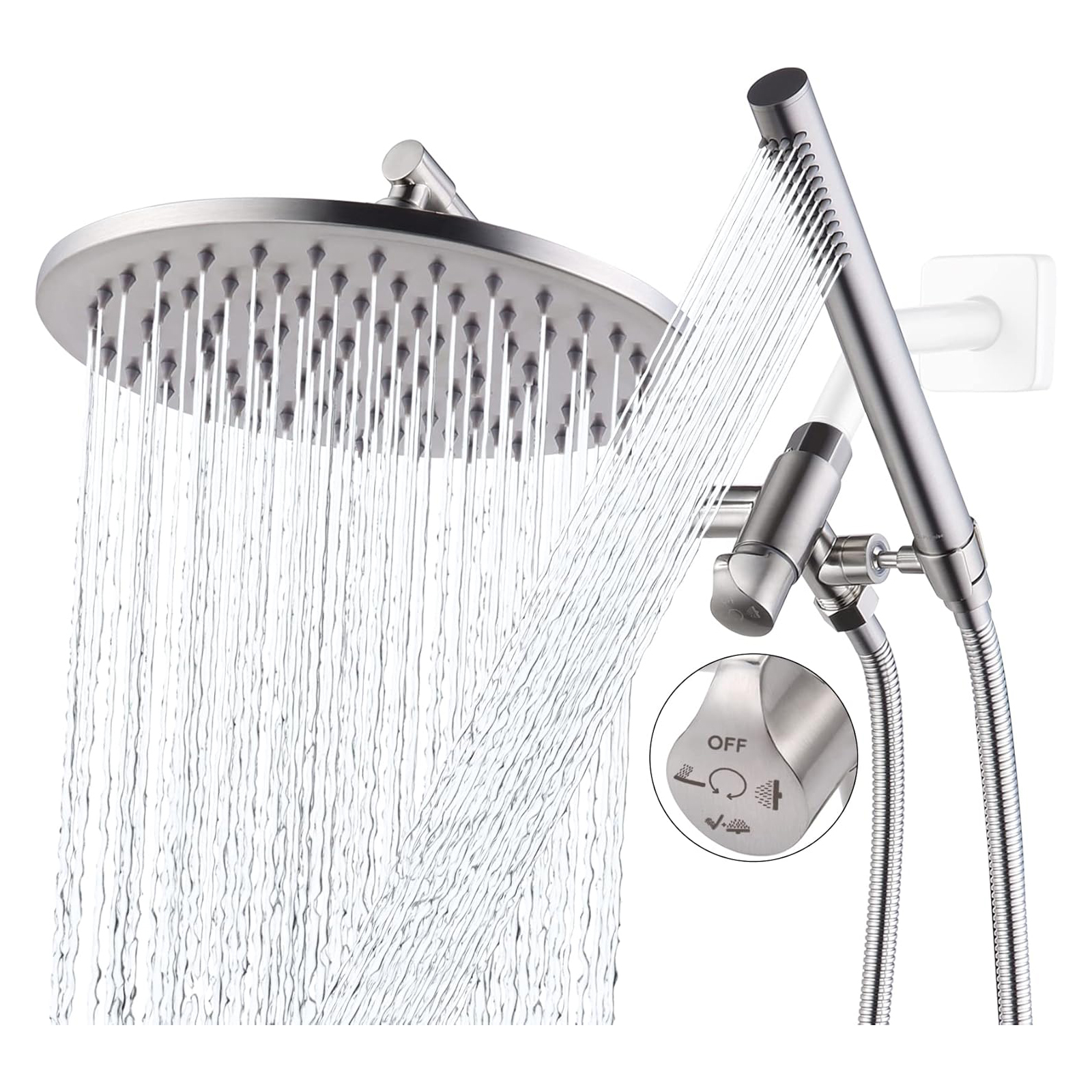 G-Promise All Metal 10 Inch Rain Shower Head with Handheld Spray Combo, Contains 4-Setting Soild Brass Diverter with Holder and Adjustable Extension Arm, 71 Inch Extra Long Hose (brushed nickel)