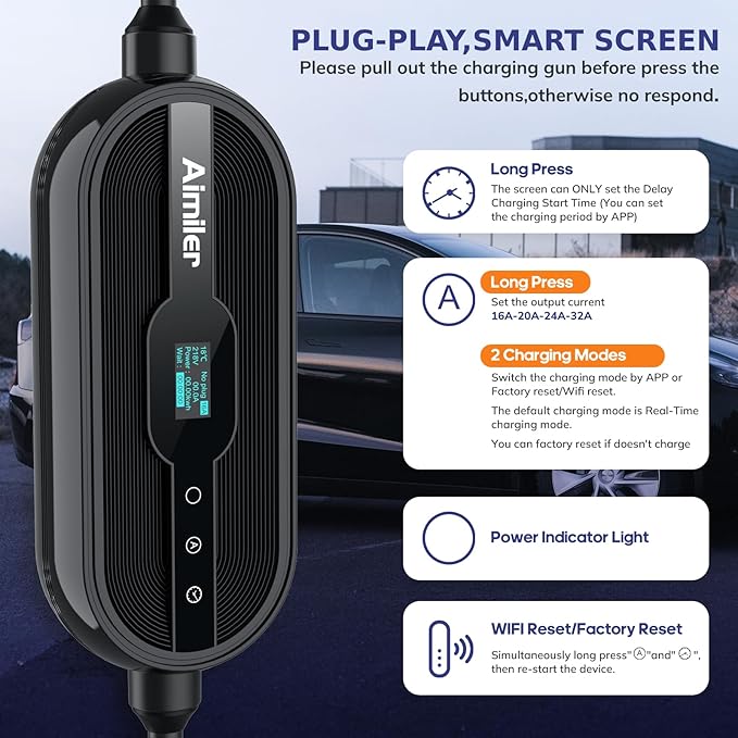 AIMILER Level 2 Tesla Charger(Wireless WiFi APP), 240V, 32 Amp, NEMA 14-50 Plug, 25ft Cord - Portable/Home NACS Connector Electric Car(EV) Charger for Tesla - Compatible with Tesla Model X/Y/3/S