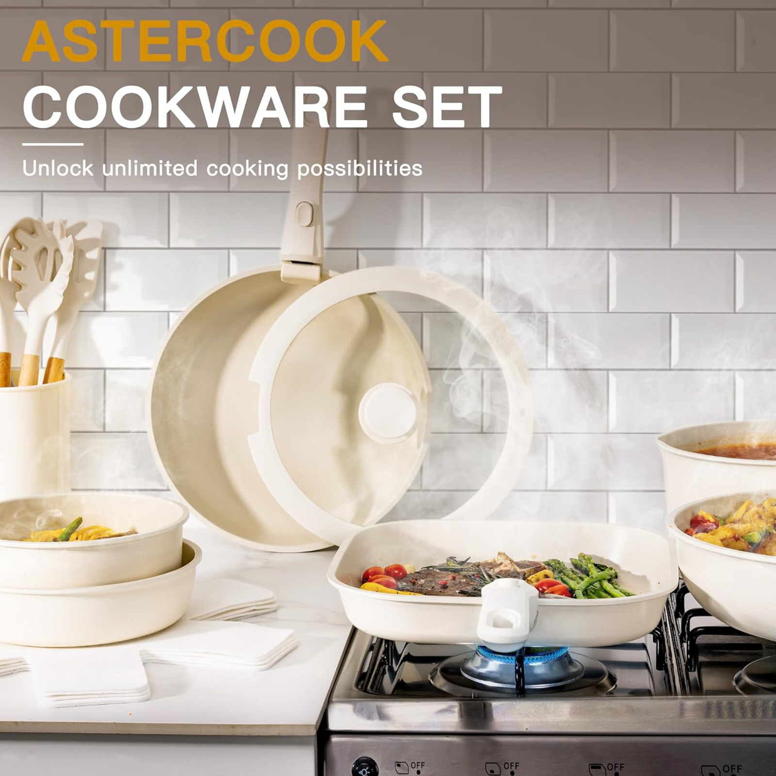 Astercook 23 Pcs Pots and Pans Set Non Stick, Ceramic Cookware Set Detachable Handle, RV Kitchen Cooking Set Removable Handles, Oven Safe, Induction Ready, Stackable Non-stick Set, Cream White