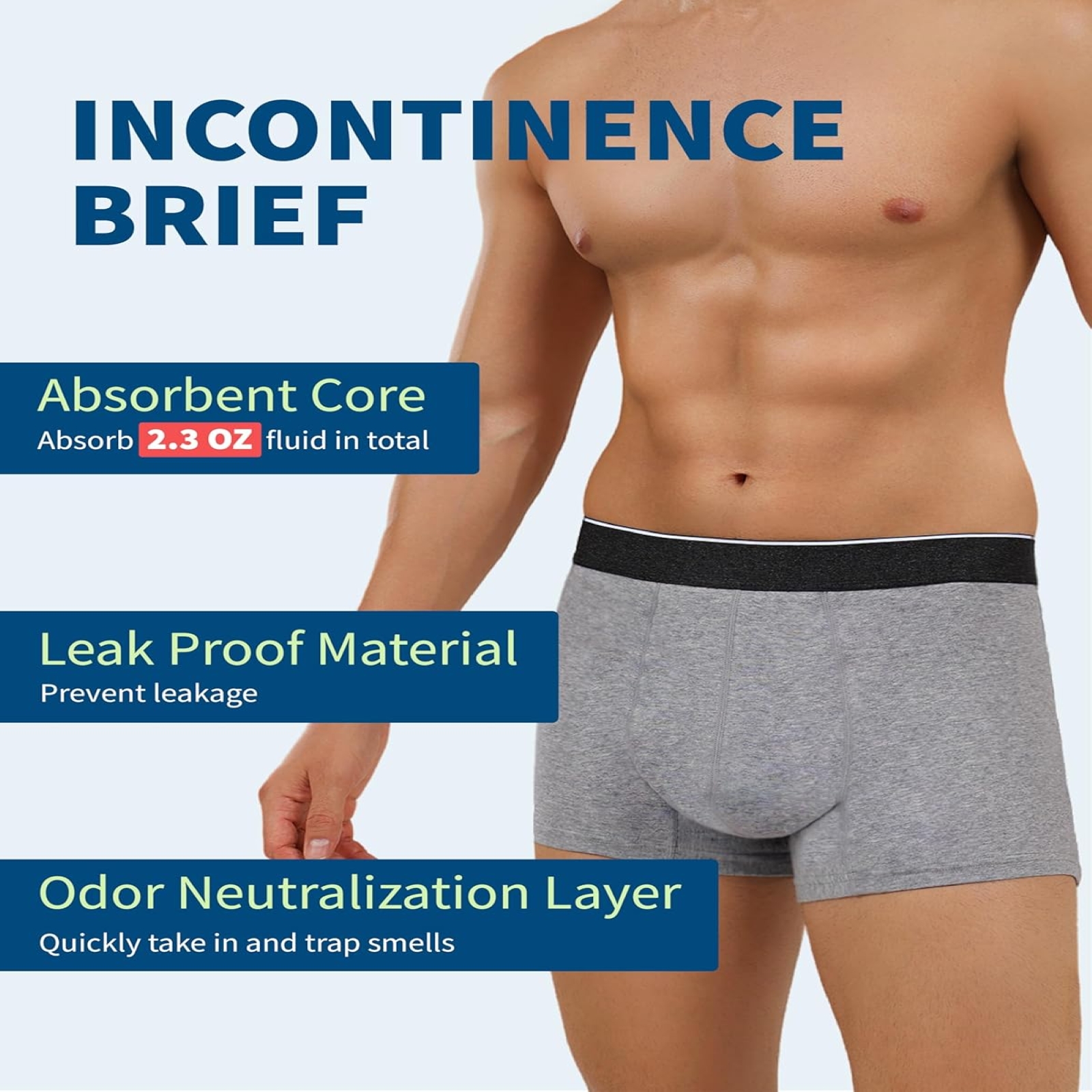 Mens Incontinence Underwear Washable, 2.3 oz Leak Proof Absorbent Odor Neutralization Briefs for Bladder Leak 2 Pack(Gray, XL)