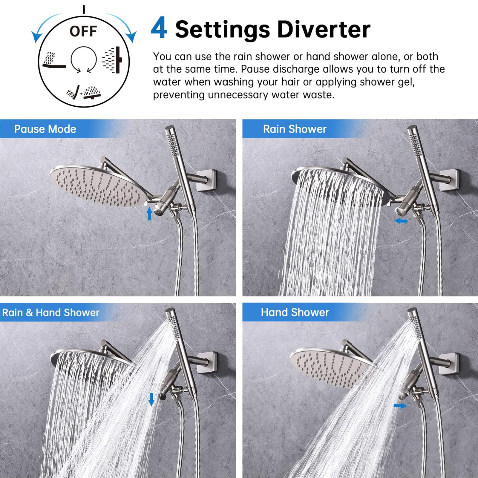 G-Promise All Metal 10 Inch Rain Shower Head with Handheld Spray Combo, Contains 4-Setting Soild Brass Diverter with Holder and Adjustable Extension Arm, 71 Inch Extra Long Hose (brushed nickel)