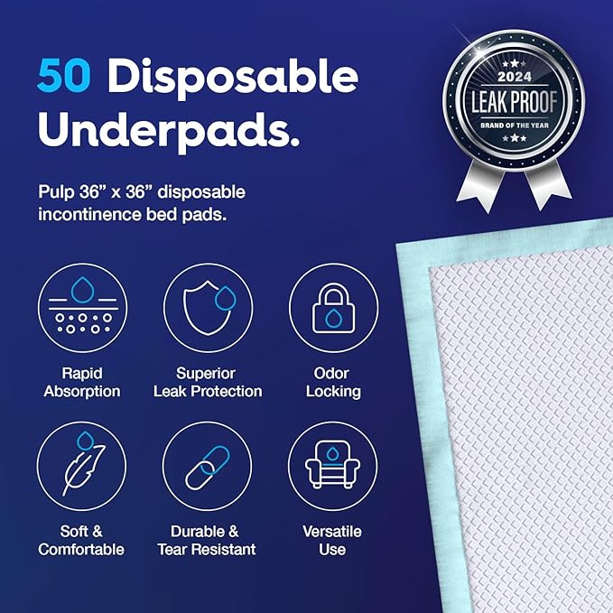 50 x PULP Premium Incontinence Bed Pads 36" x 36" | Extra Large Disposable Underpads | Heavy Duty & Ultra Absorbent Leak Proof Chucks Pads for Adults, Children, Babies & Pets | FSA & HSA Eligible