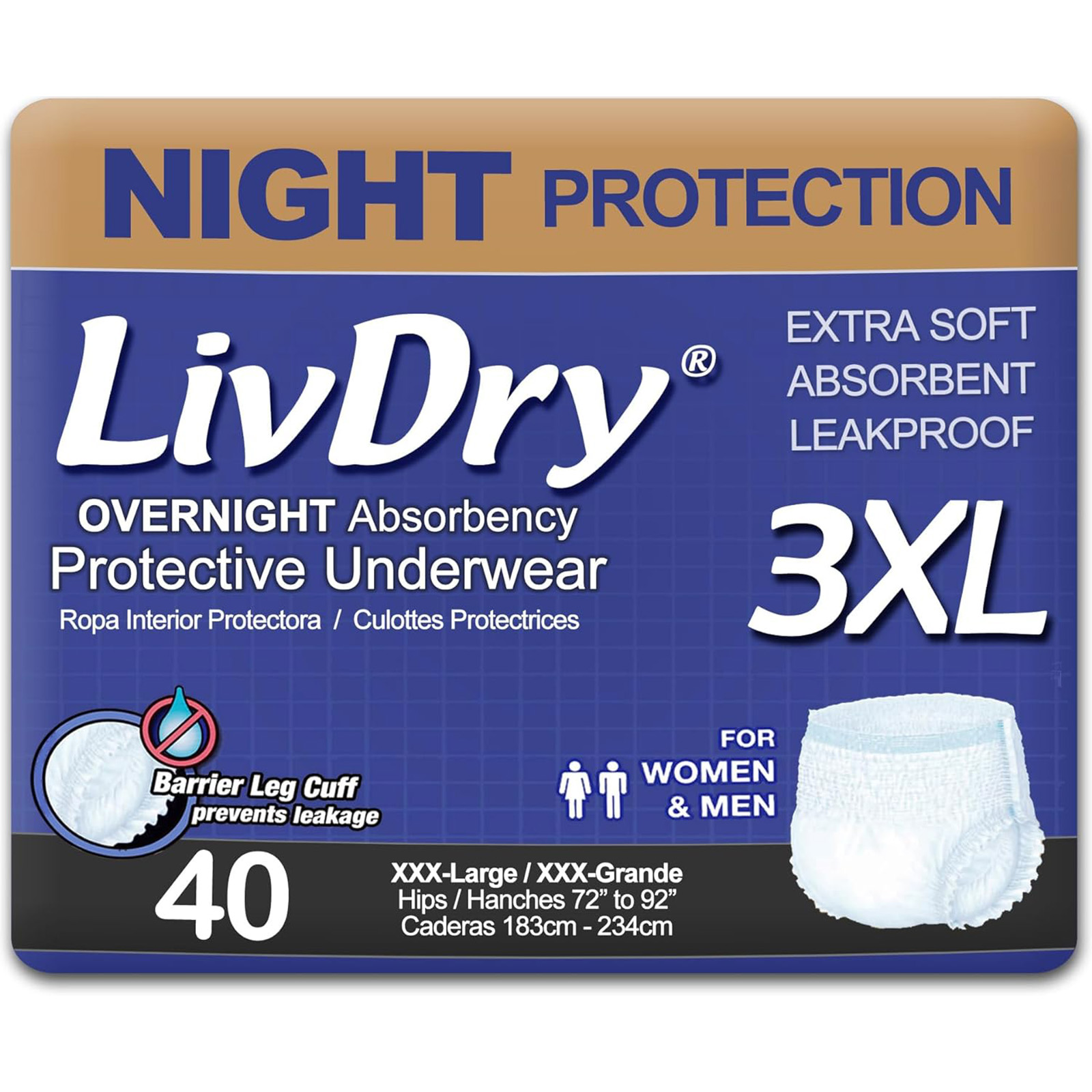 LivDry Overnight Adult Incontinence Underwear: Leak Protection, XXX-L, 40 Count