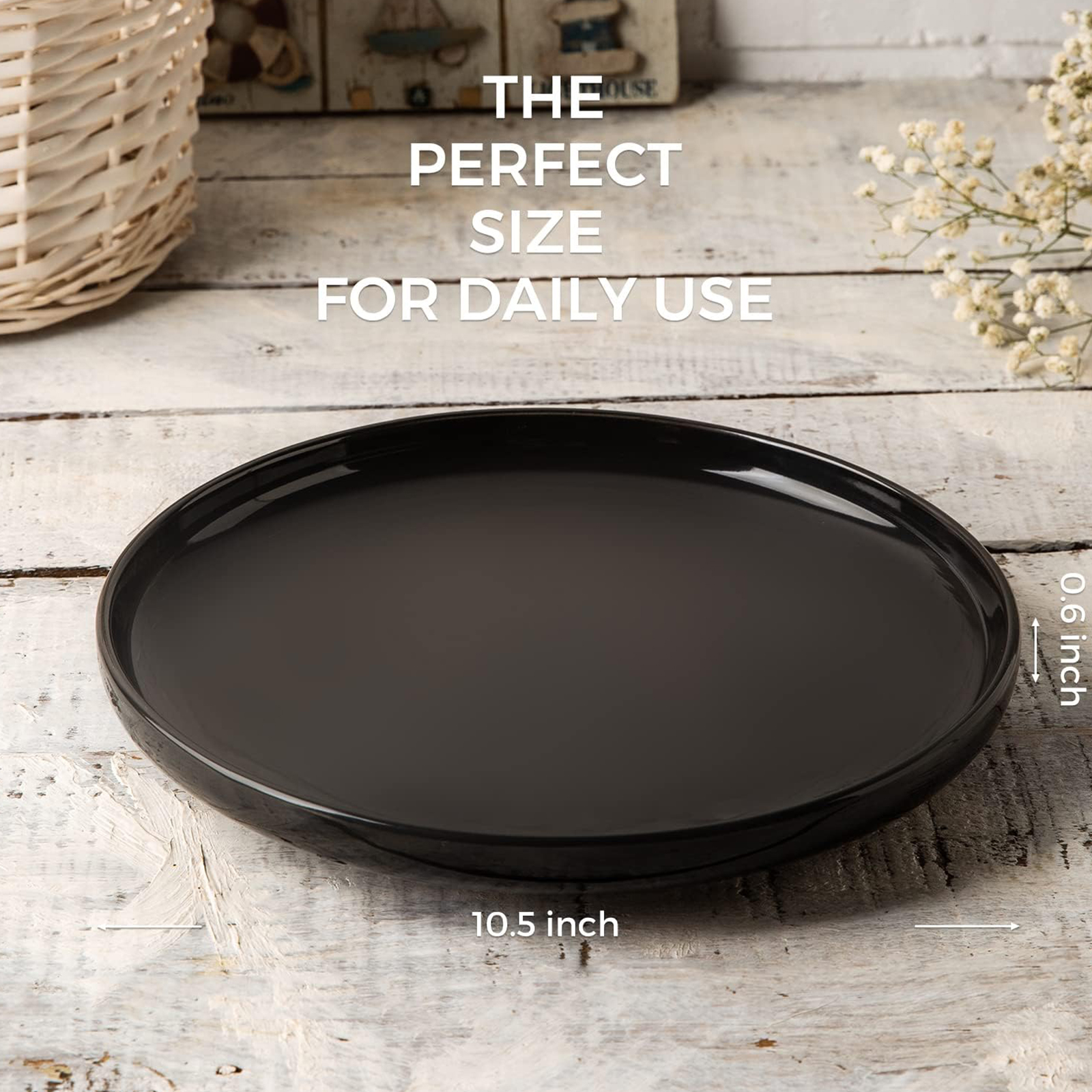AmorArc Ceramic Dinner Plates Set of 6,10.5 inch Stoneware plates for Kitchen, Dinnerware Dishes set- Microwave,Dishwasher Safe,Scratch Resistant -Black