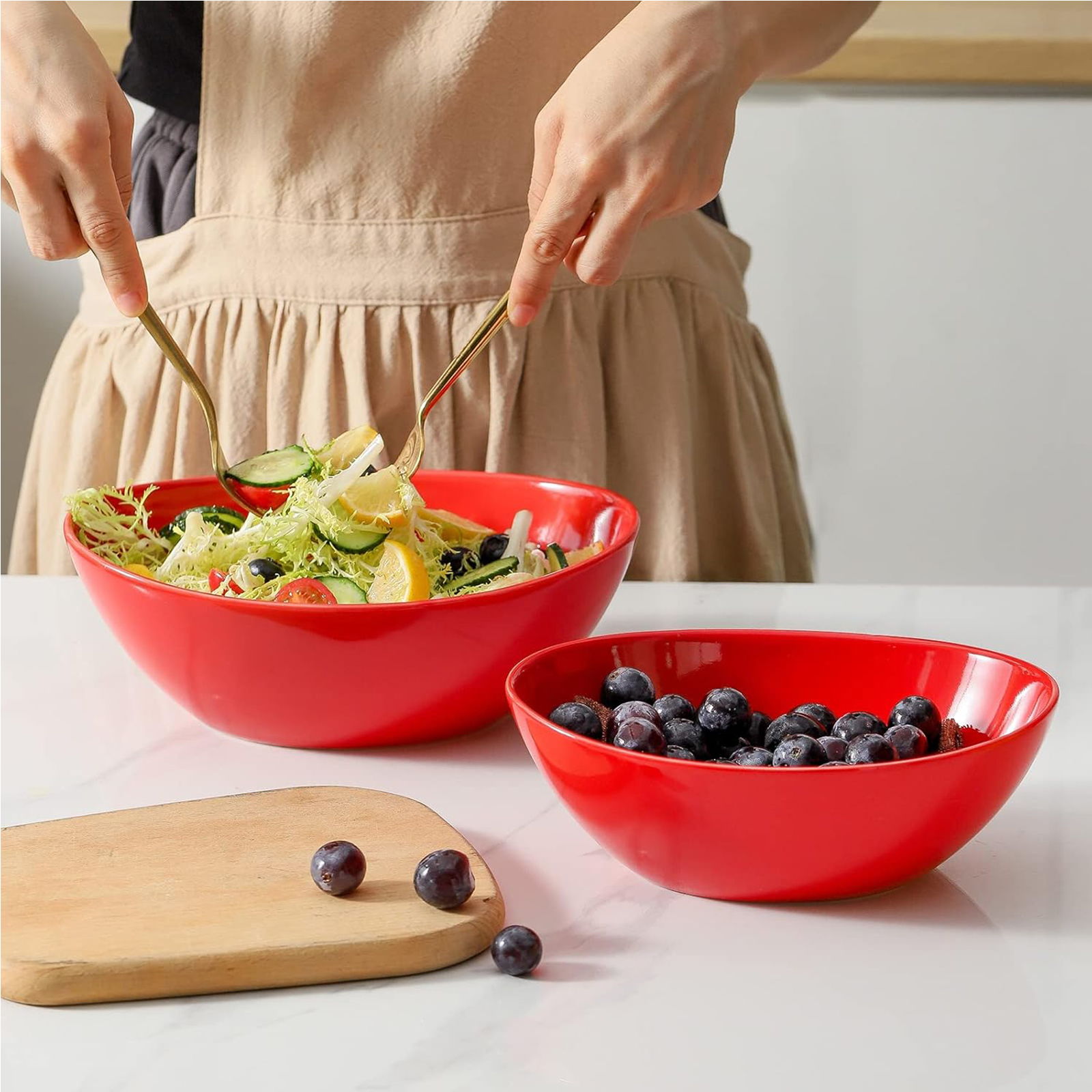 Hasense Porcelain Salad Bowls, Large Serving Dish for Entertaining, 42 Ounce Stackable Dinner Bowls Set of 4 for Salads Cereal Soup Pasta, Dishwasher Microwave Safe, Christmas Holiday Gift, Red