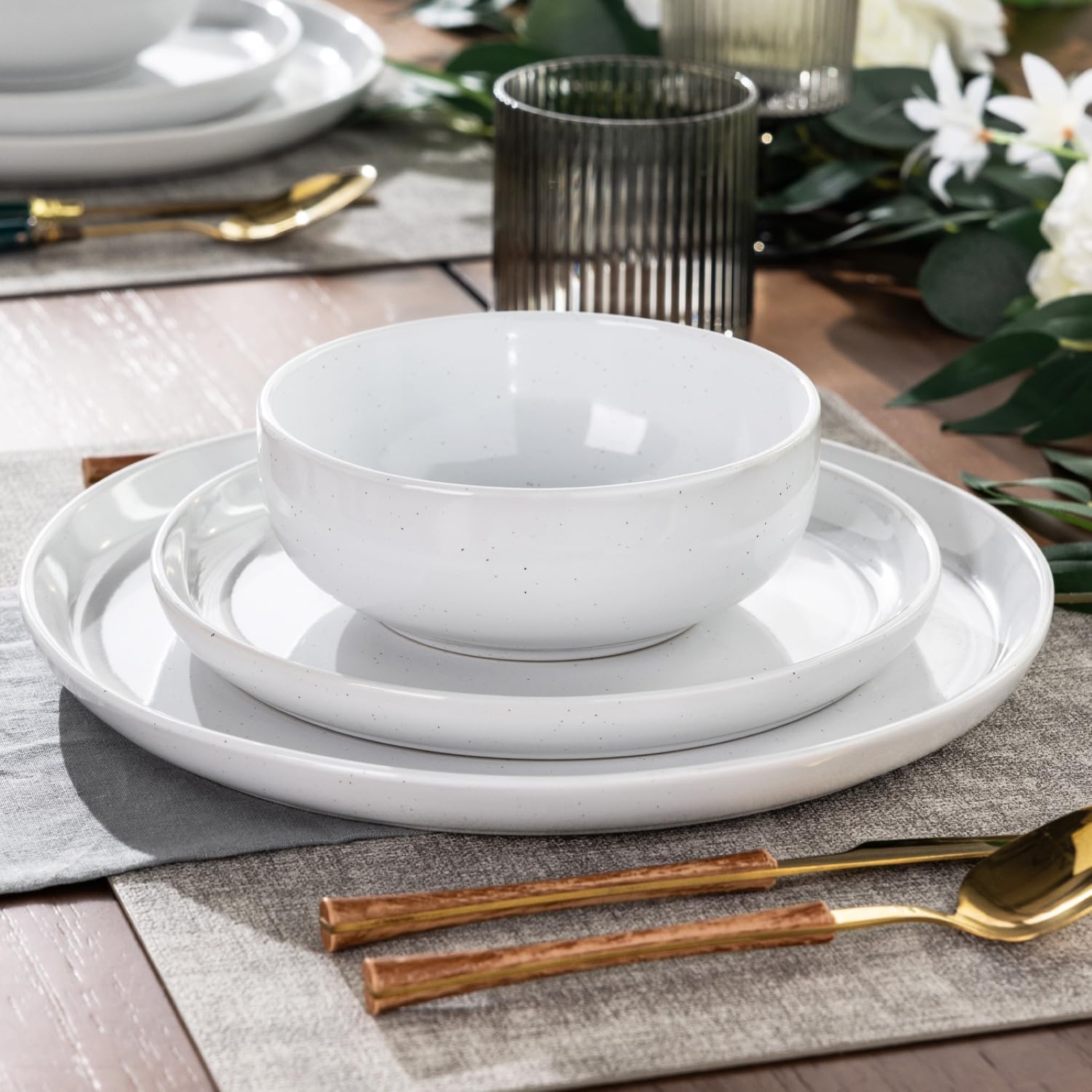 GBHOME Ceramic Dinnerware Set for 4, 12pcs Stoneware Plates and Bowls Sets, Handmade Chip and Scratch Resistant Dishes Set, Dishwasher & Microwave Safe