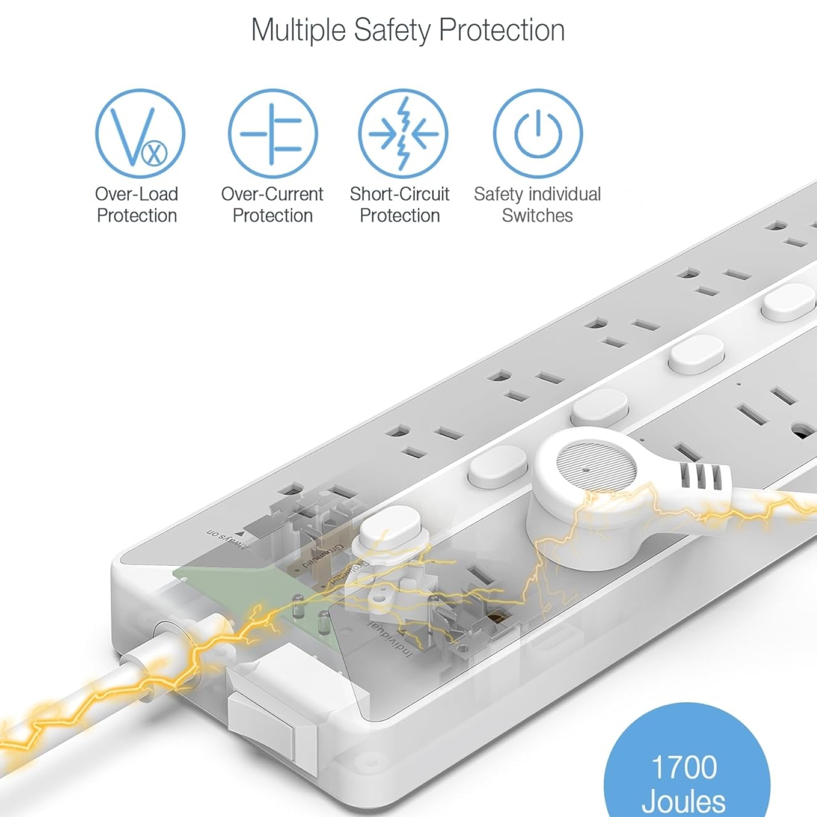 Power Strip with USB, Individual Switches, TESSAN 12 Outlets and 3 USB Ports, Long Extension Cord 6 Feet with Surge Protector for Home, Dorm and Office Accessories, 1700J Protection, Gray