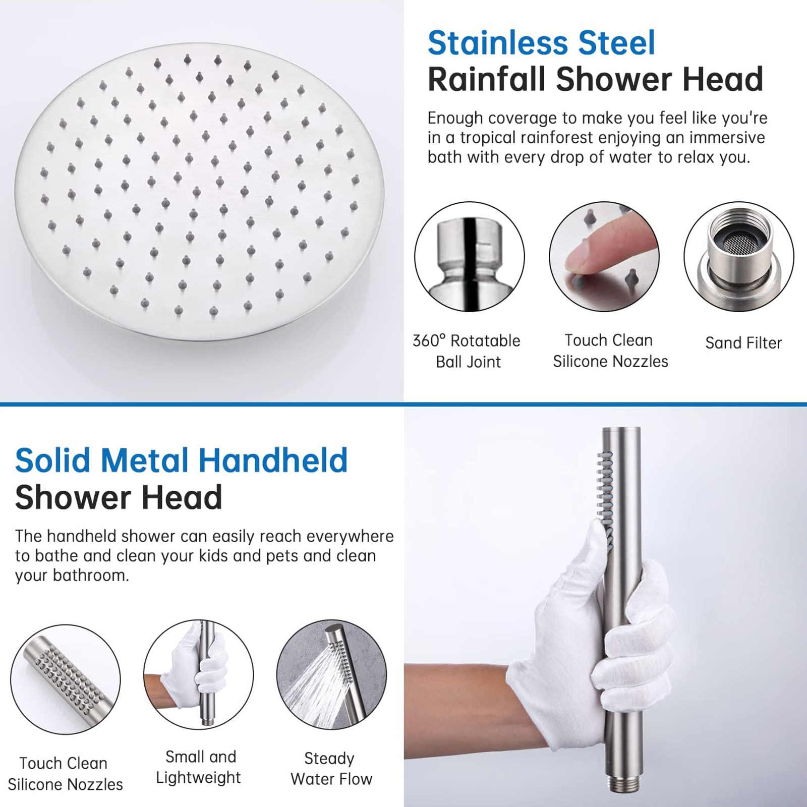 G-Promise All Metal 10 Inch Rain Shower Head with Handheld Spray Combo, Contains 4-Setting Soild Brass Diverter with Holder and Adjustable Extension Arm, 71 Inch Extra Long Hose (brushed nickel)