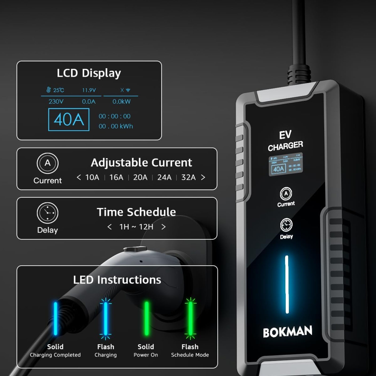 bokman Portable Level 2 EV Charger (240V,40A) Current Adjustable with 25ft Charging Cable and NEMA 14-50+5-15 for SAE-J1772 Electric Vehicles, Reservation Charging Function, BKL24025