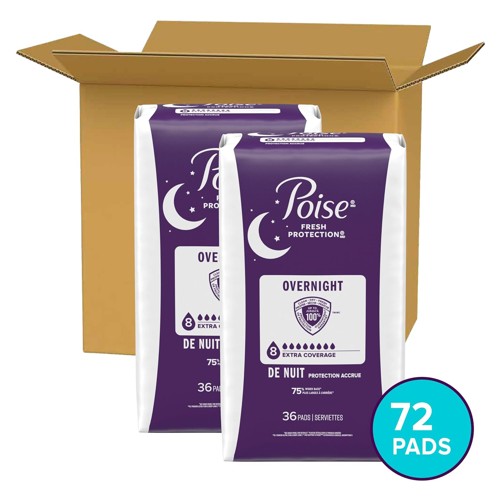Poise Overnight Incontinence & Postpartum Pads for Bladder Leaks, 8 Drop Extra Coverage, 72 Count (2 Packs of 36), Packaging May Vary