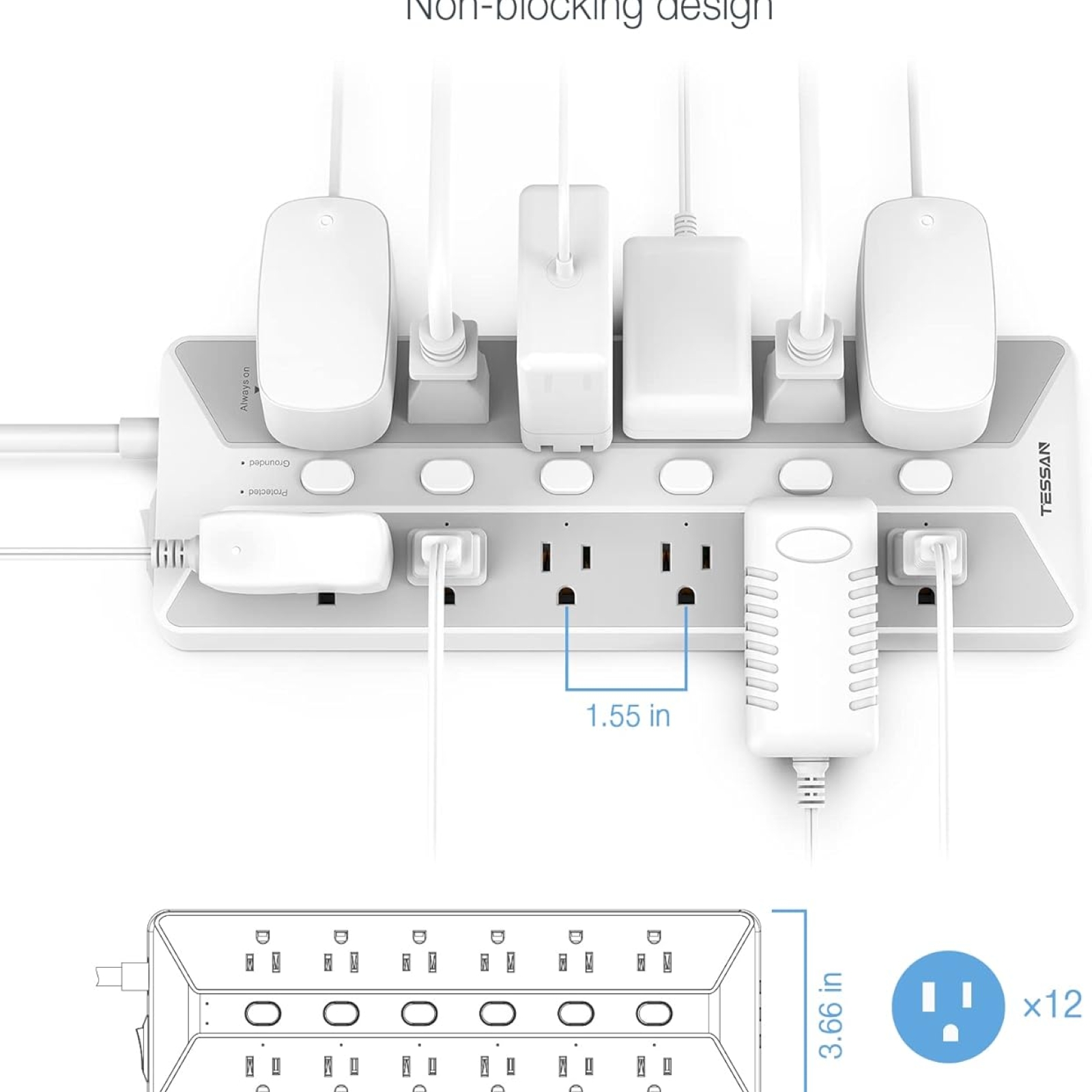 Power Strip with USB, Individual Switches, TESSAN 12 Outlets and 3 USB Ports, Long Extension Cord 6 Feet with Surge Protector for Home, Dorm and Office Accessories, 1700J Protection, Gray