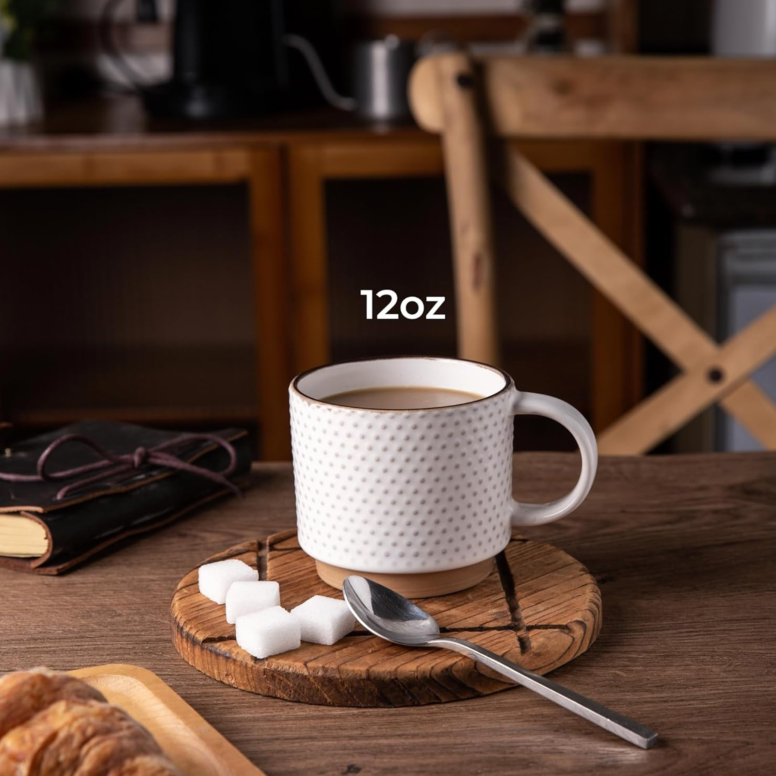 GBHOME 12oz Stackable Ceramic Coffee Mugs with Texture Patterns, Set of 4, Off White