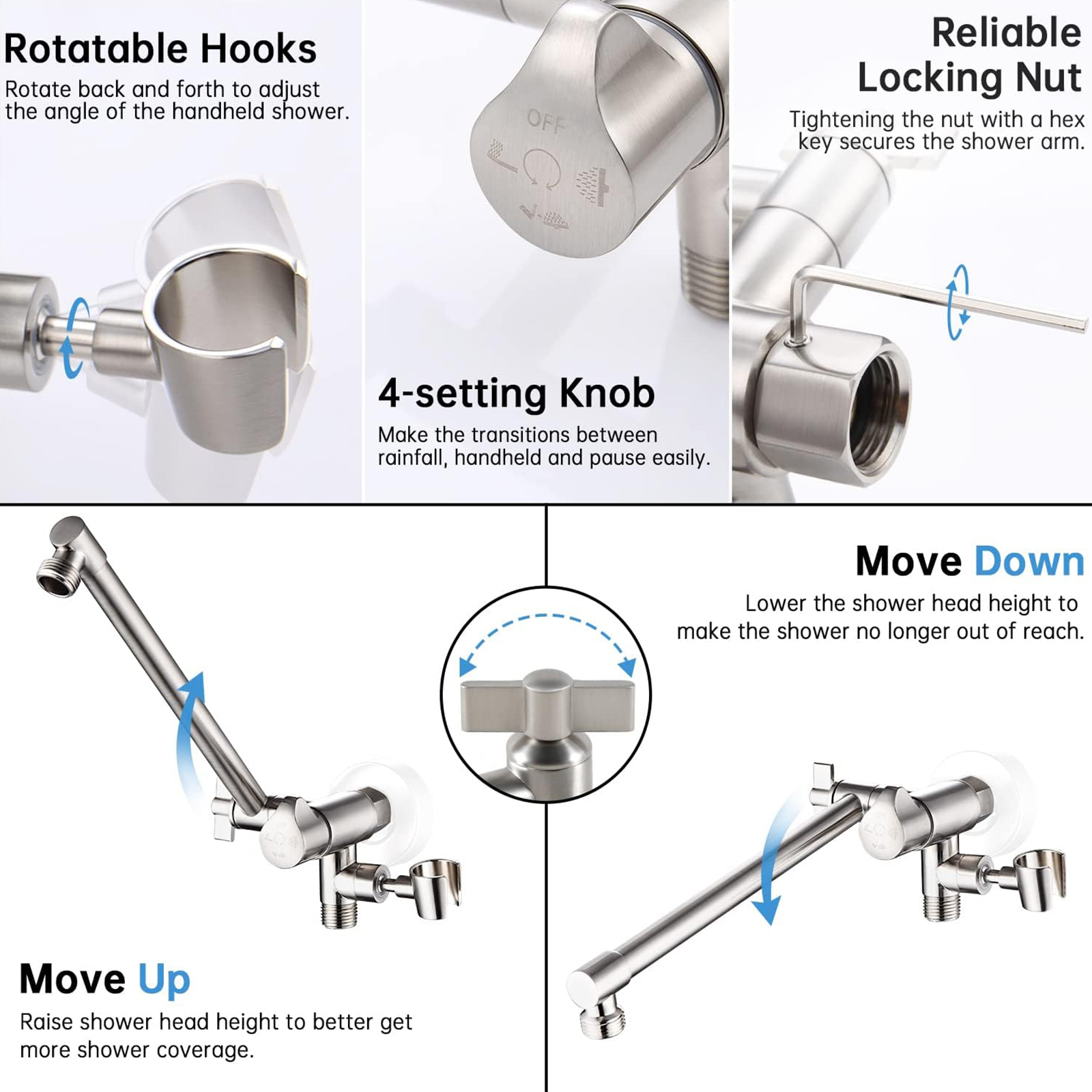 G-Promise All Metal 10 Inch Rain Shower Head with Handheld Spray Combo, Contains 4-Setting Soild Brass Diverter with Holder and Adjustable Extension Arm, 71 Inch Extra Long Hose (brushed nickel)