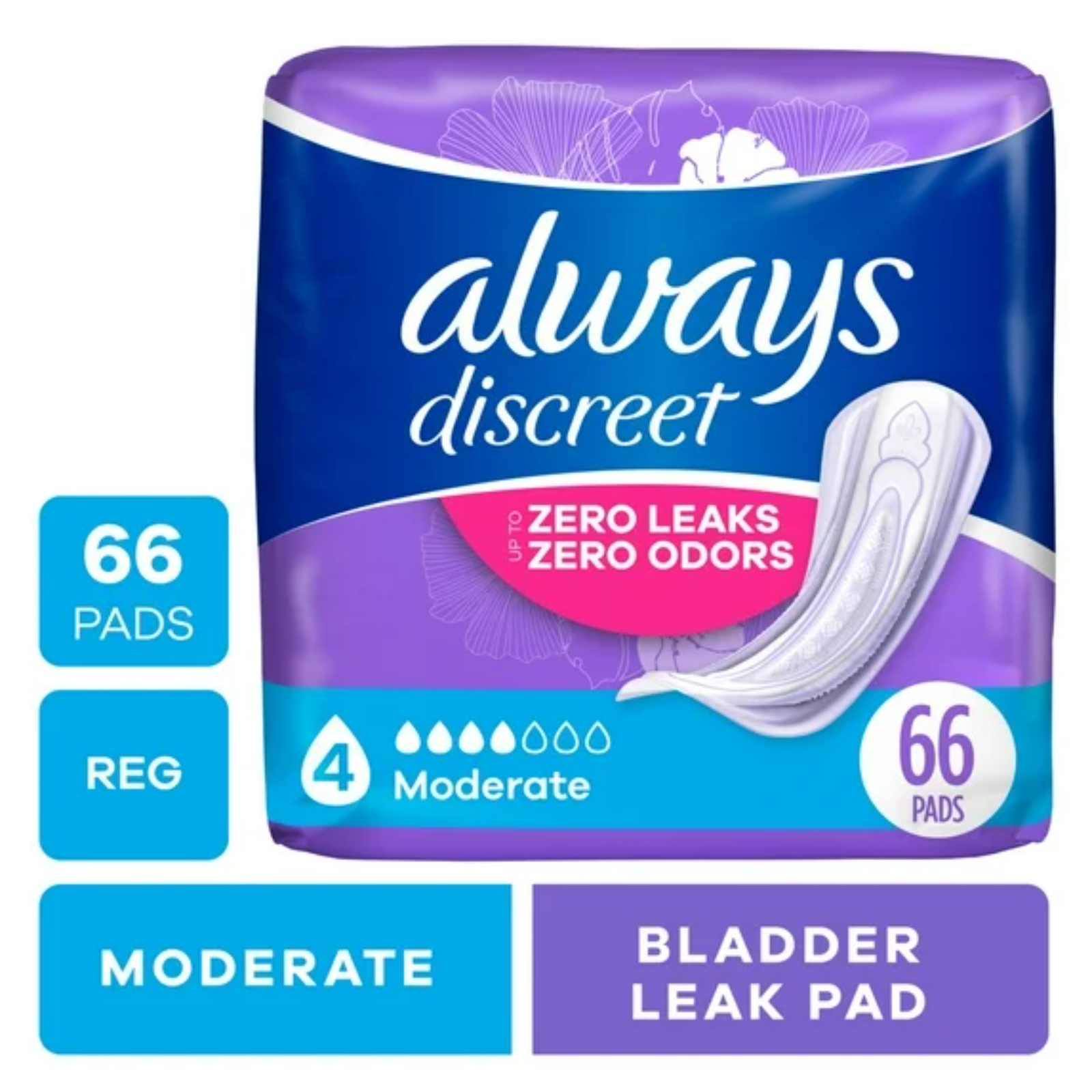 Always Discreet Adult Incontinence Pads for Women, Moderate Absorbency, Regular Length, Postpartum Pads, 66 CT