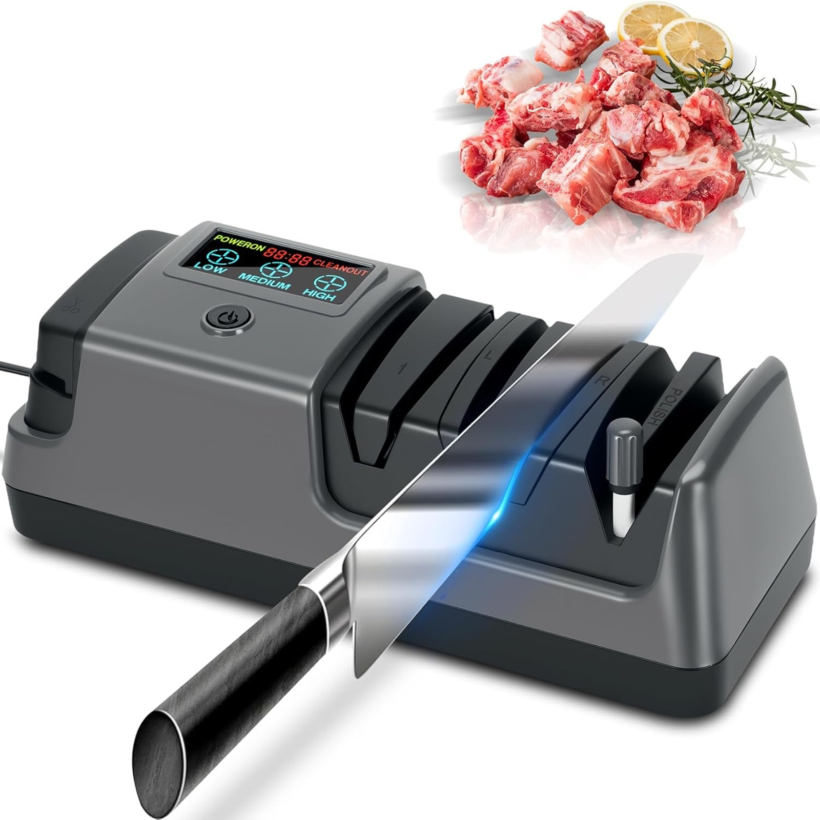 Upgrade 5 in 1 Electric Knife Sharpener with LCD Screen, 3 Rotational Speed Adjustable, 100% Diamond Abrasives, knife sharpener for Straight, Serrated, Meat Cleaver, Ceramic Knives & Scissors, Gray