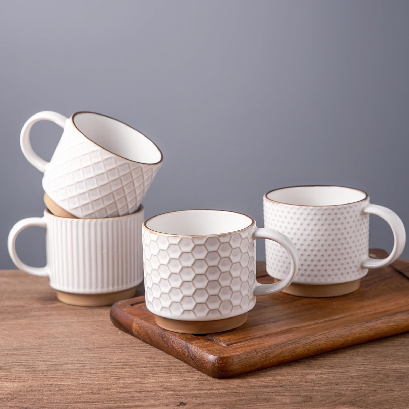 GBHOME 12oz Stackable Ceramic Coffee Mugs with Texture Patterns, Set of 4, Off White