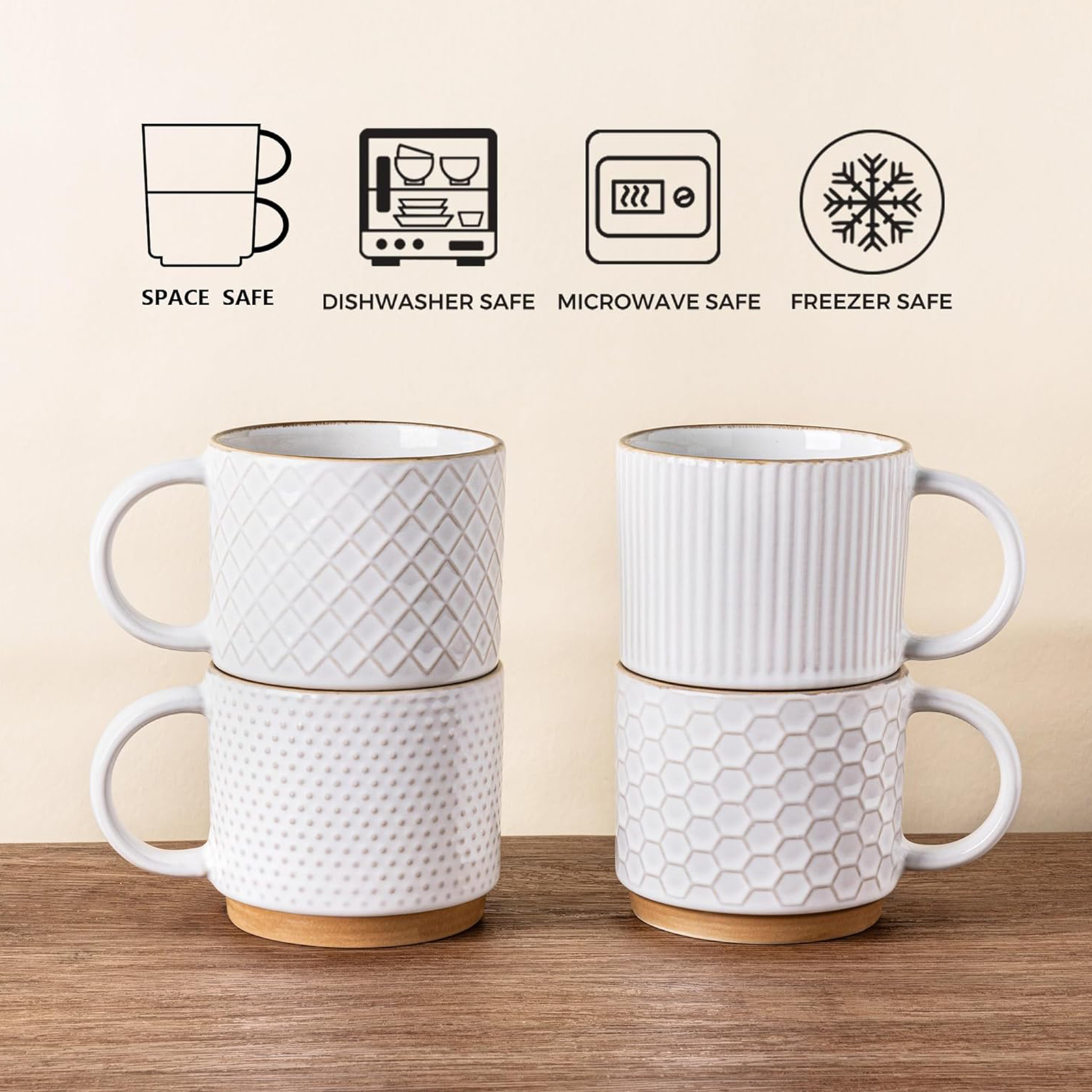 GBHOME 12oz Stackable Ceramic Coffee Mugs with Texture Patterns, Set of 4, Off White