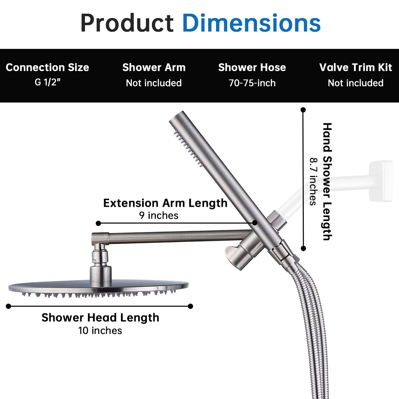 G-Promise All Metal 10 Inch Rain Shower Head with Handheld Spray Combo, Contains 4-Setting Soild Brass Diverter with Holder and Adjustable Extension Arm, 71 Inch Extra Long Hose (brushed nickel)
