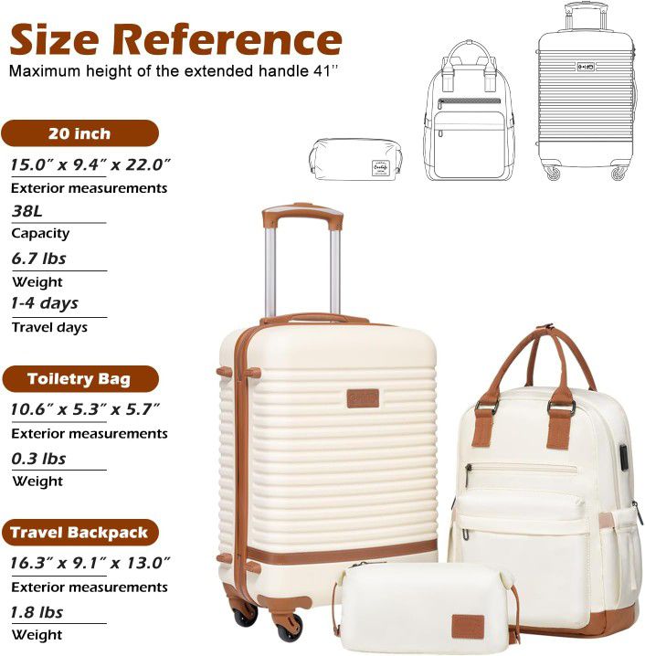 Coolife Suitcase 3 Piece Luggage Set - 20 inch Rolling Carry On, Backpack and Toiletry Bag - White