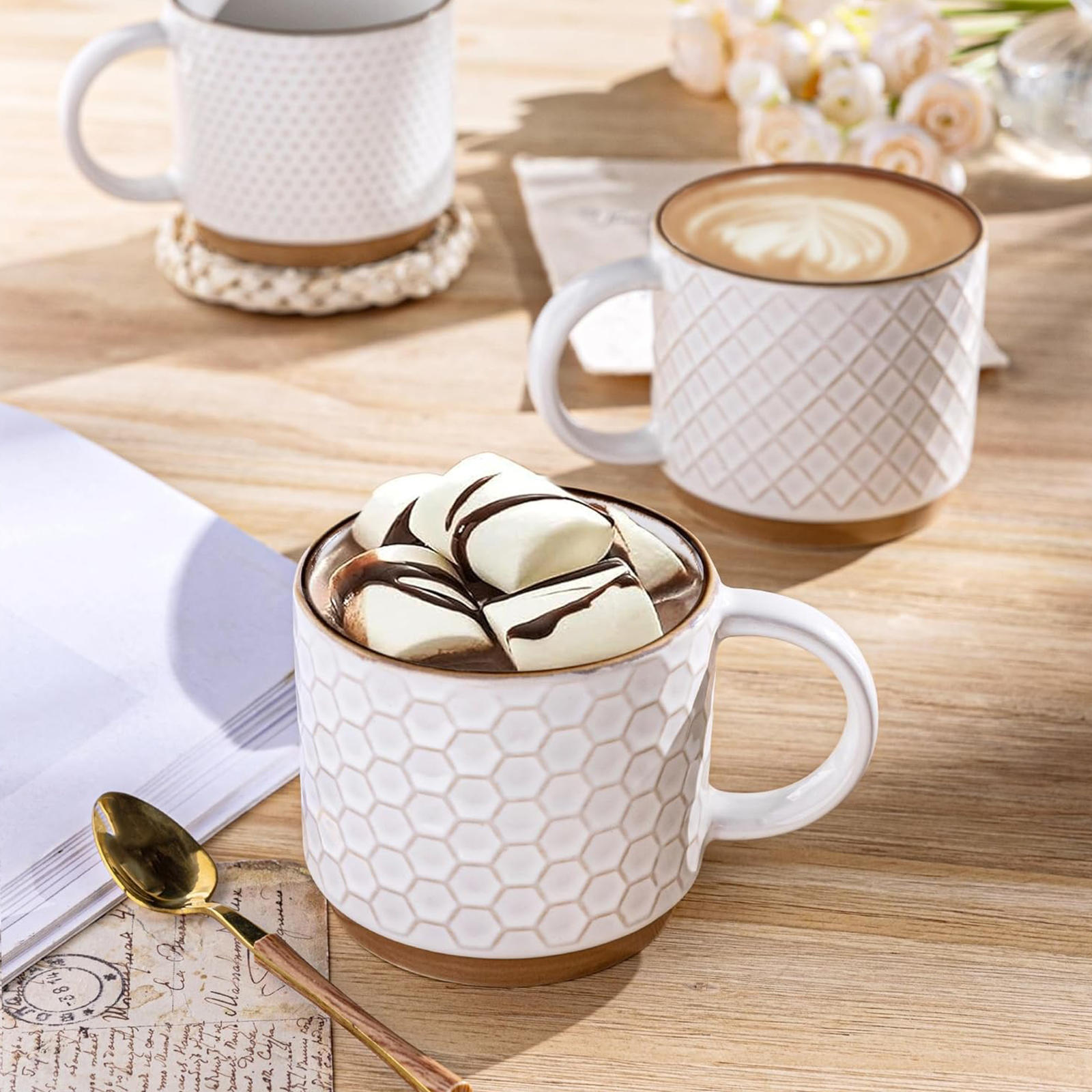 GBHOME 12oz Stackable Ceramic Coffee Mugs with Texture Patterns, Set of 4, Off White