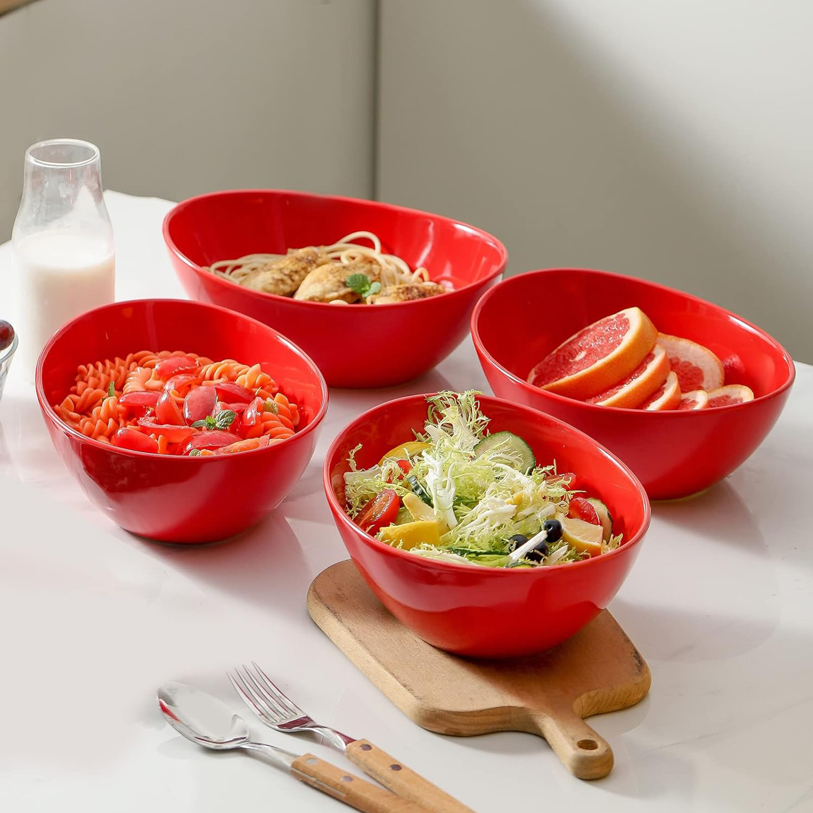 Hasense Porcelain Salad Bowls, Large Serving Dish for Entertaining, 42 Ounce Stackable Dinner Bowls Set of 4 for Salads Cereal Soup Pasta, Dishwasher Microwave Safe, Christmas Holiday Gift, Red