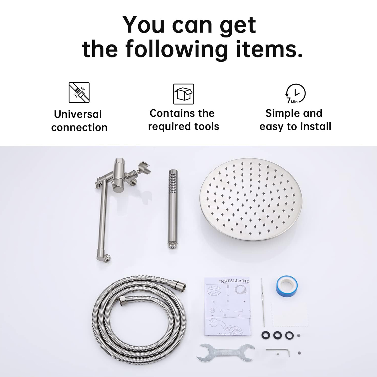 G-Promise All Metal 10 Inch Rain Shower Head with Handheld Spray Combo, Contains 4-Setting Soild Brass Diverter with Holder and Adjustable Extension Arm, 71 Inch Extra Long Hose (brushed nickel)