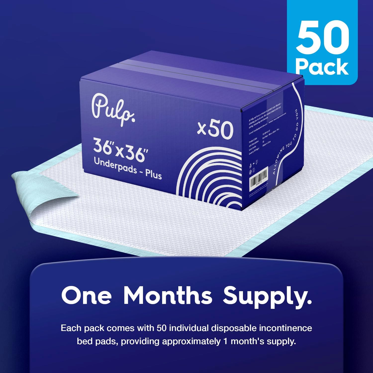 50 x PULP Premium Incontinence Bed Pads 36" x 36" | Extra Large Disposable Underpads | Heavy Duty & Ultra Absorbent Leak Proof Chucks Pads for Adults, Children, Babies & Pets | FSA & HSA Eligible