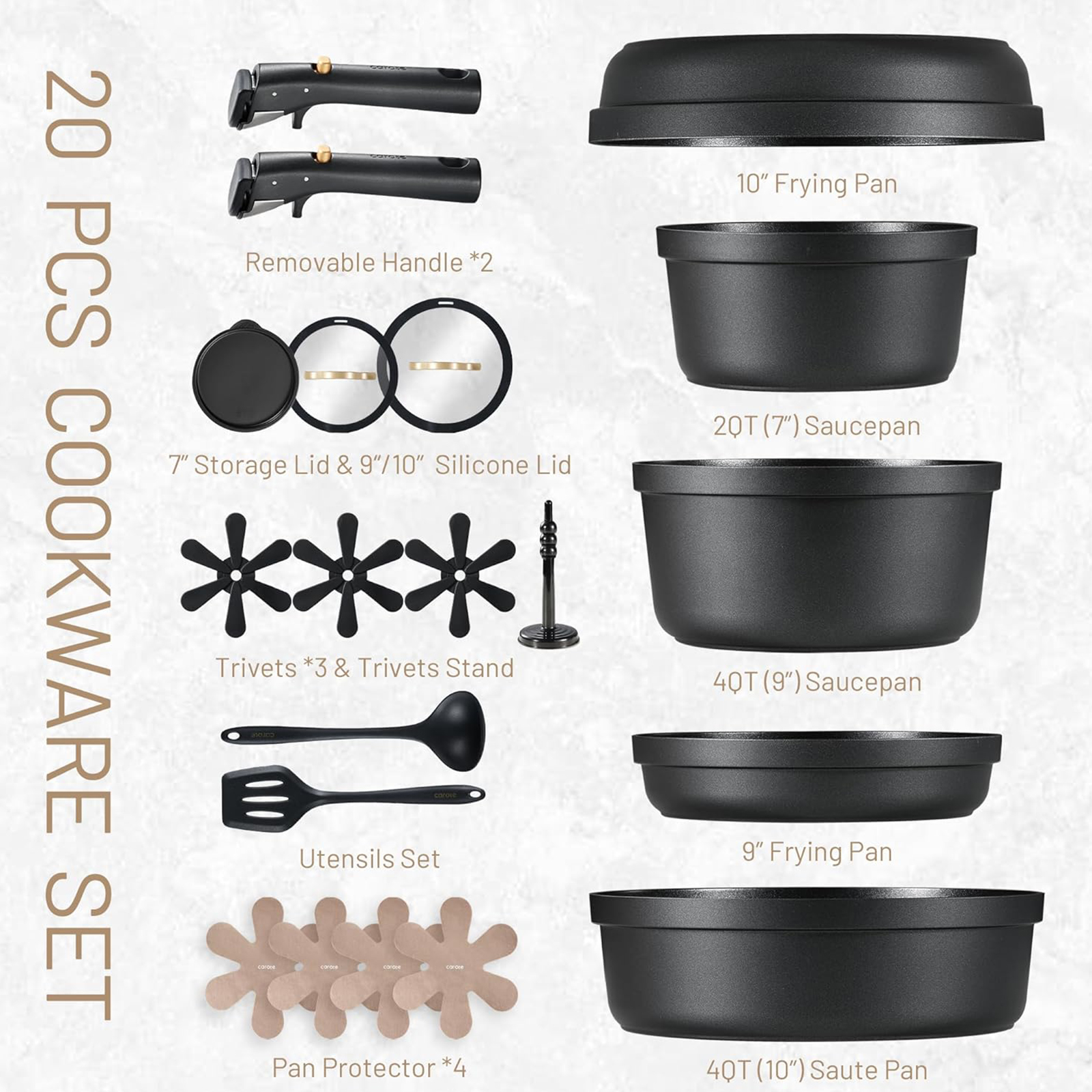 CAROTE 20pcs Pots and Pans Set Non Stick, Nonstick Cookware Set, Dishwasher, Oven, Fridge Safe Pots and Pans, Removable Handle RV Oven Safe Cookware, Induction Kitchen Set, Black