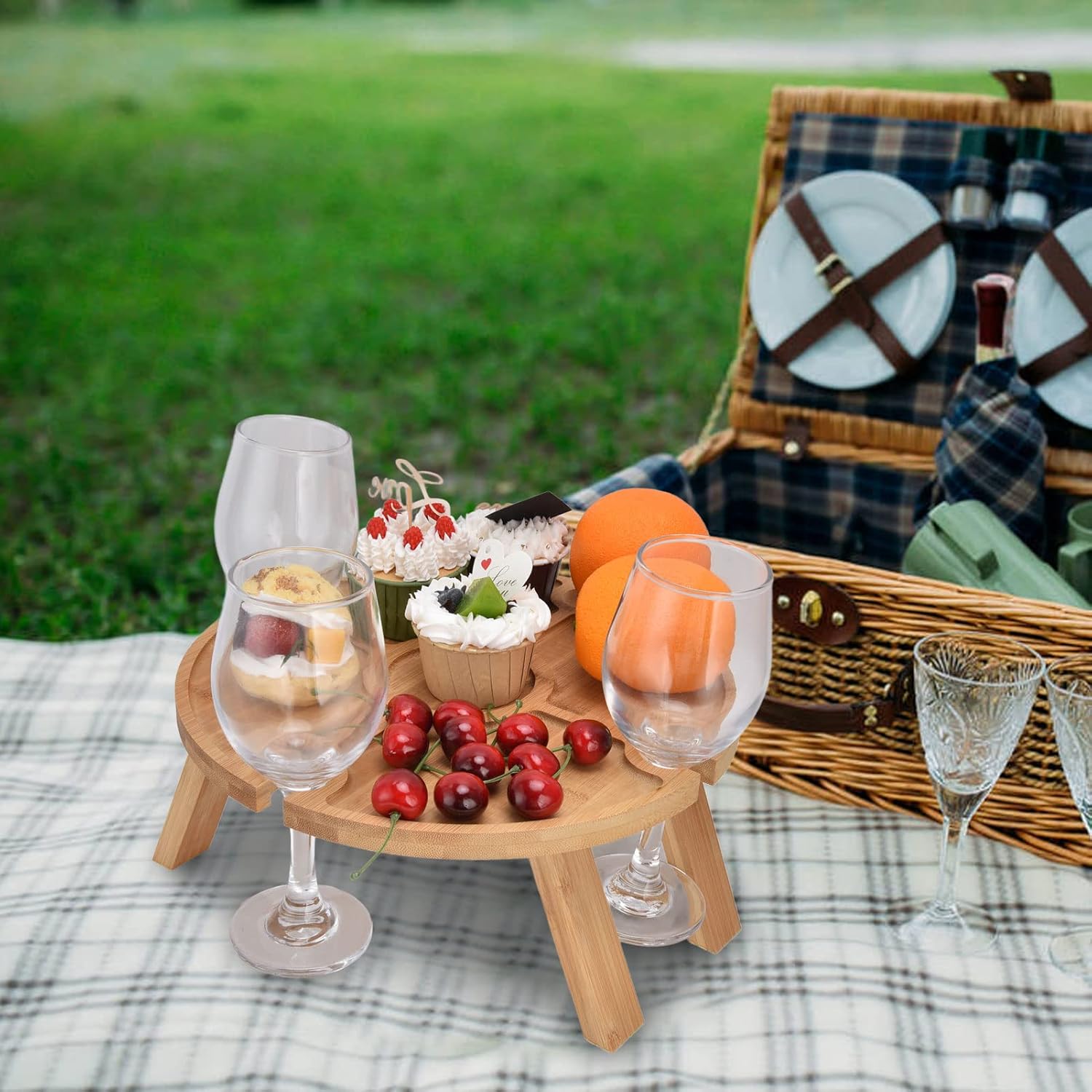 Jauarta Portable Bamboo Wine Table, Wooden Outdoor Folding Picnic Table with Wine Glass Holder, Portable Camping Wine Table Snack Tray