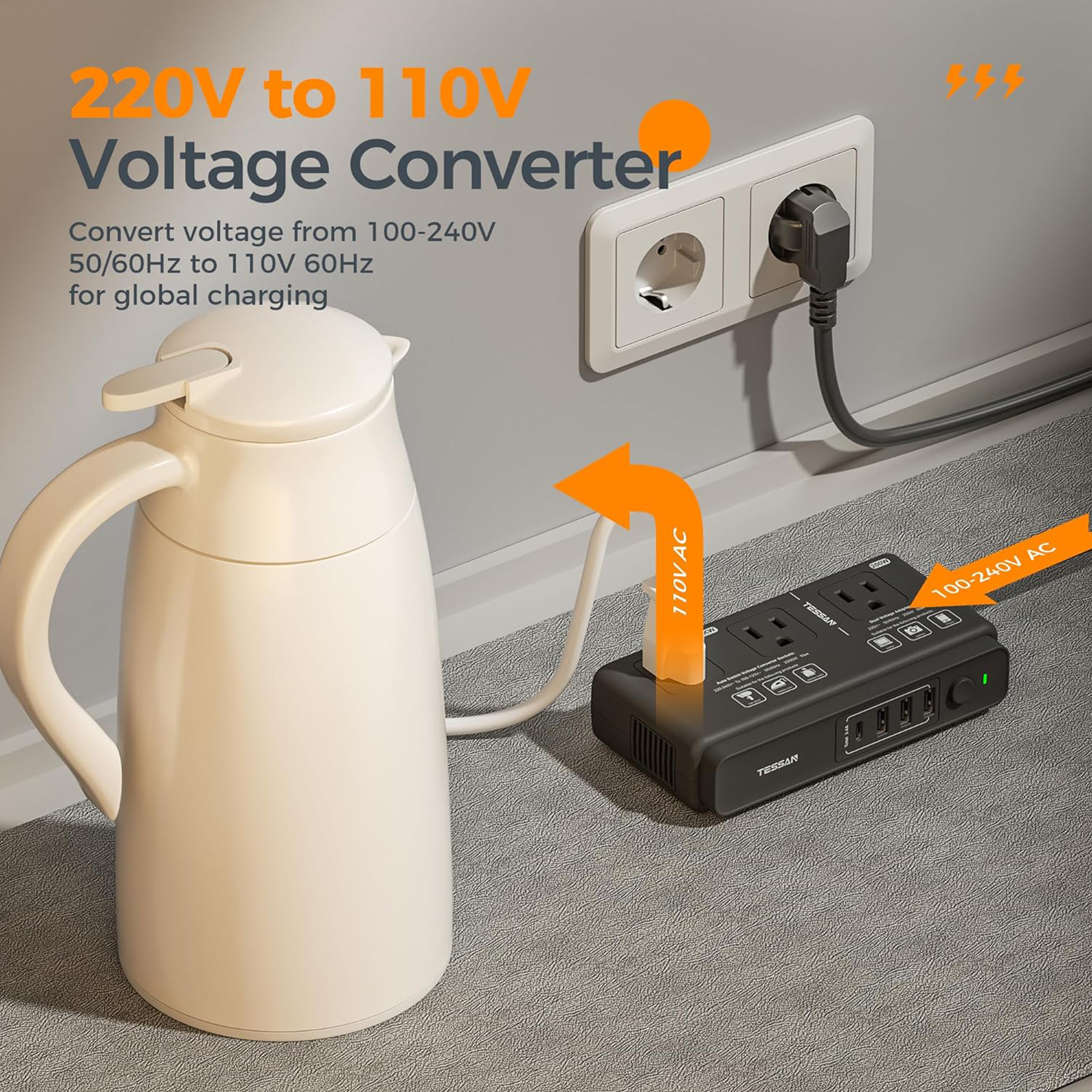 220V to 110V Voltage Converter, TESSAN Universal Travel Adapter with 4 USB Charger (1 USB C), 3 AC Sockets and EU/UK/AU/IT Plug Power Adaptor, Step Down Transformer Outlet Converters for International (Black)