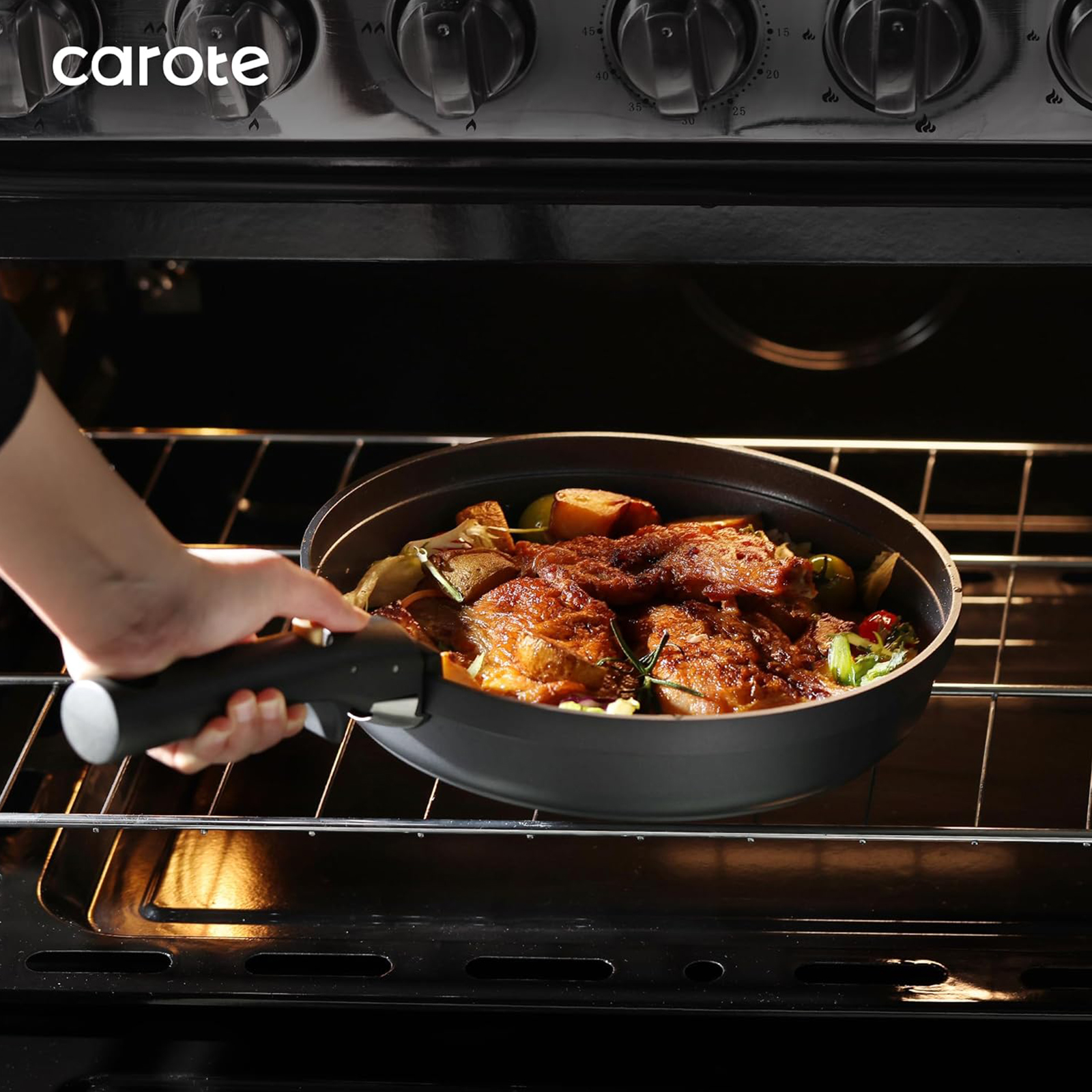 CAROTE 20pcs Pots and Pans Set Non Stick, Nonstick Cookware Set, Dishwasher, Oven, Fridge Safe Pots and Pans, Removable Handle RV Oven Safe Cookware, Induction Kitchen Set, Black