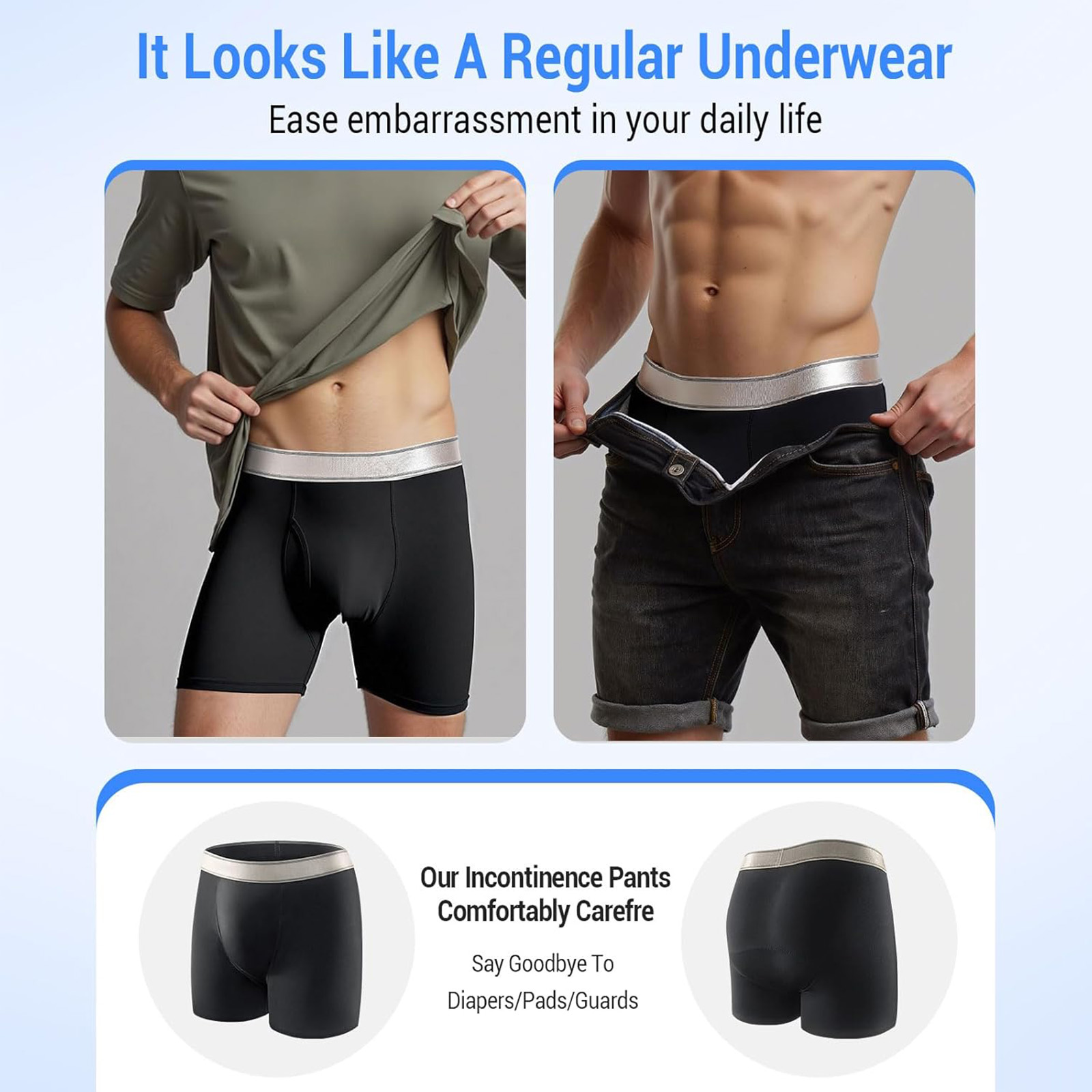 Carer Men's Washable Incontinence Boxer Briefs, 150ml Absorb, 4pk M (Black/Gray)